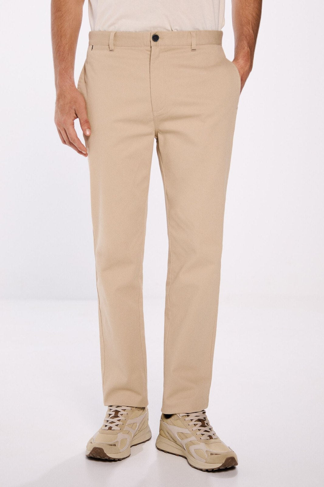 Springfield Slim fit microstructure trousers - Beige 2 Shaws Department Stores