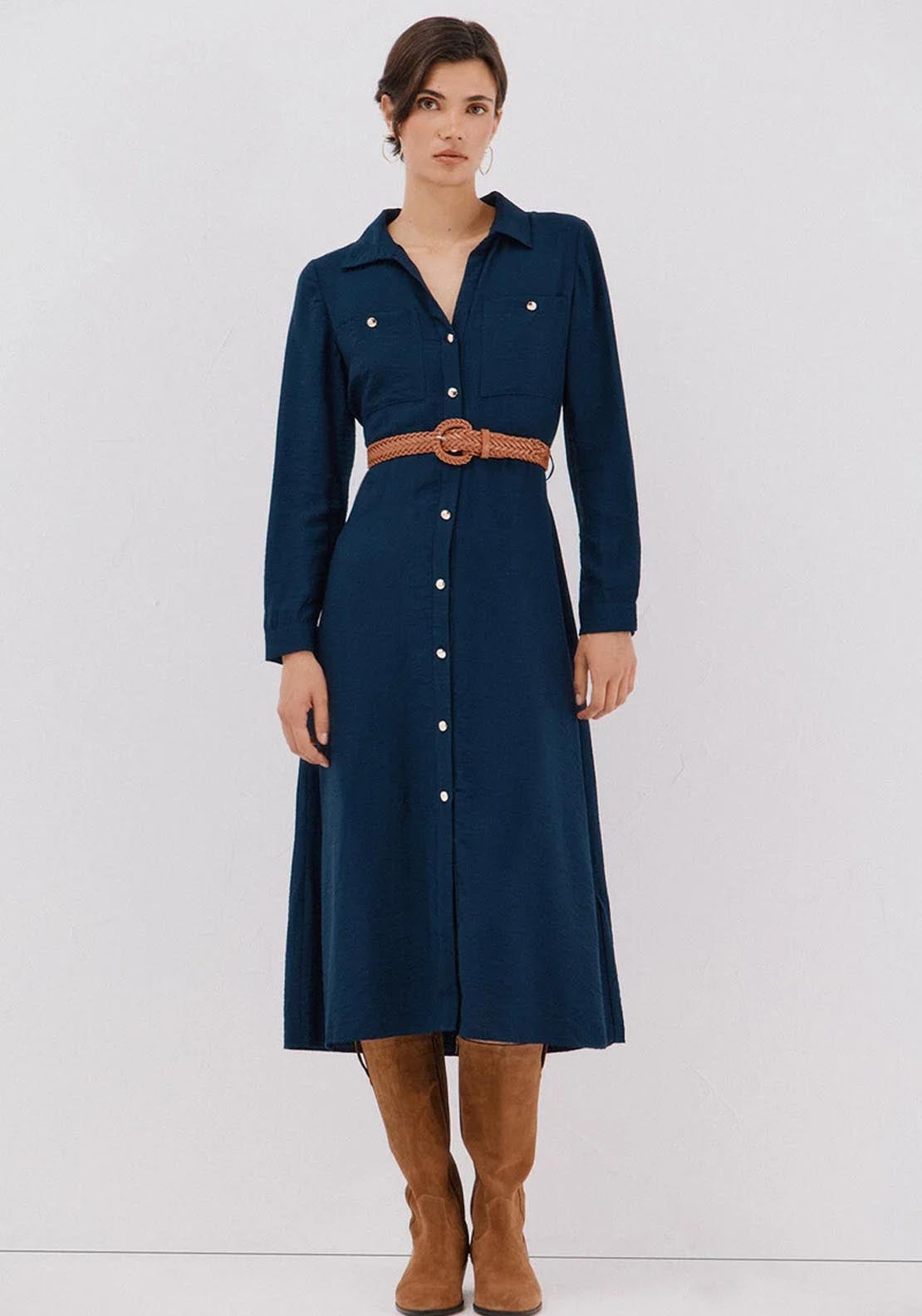 Belted Shirt Dress - Blue