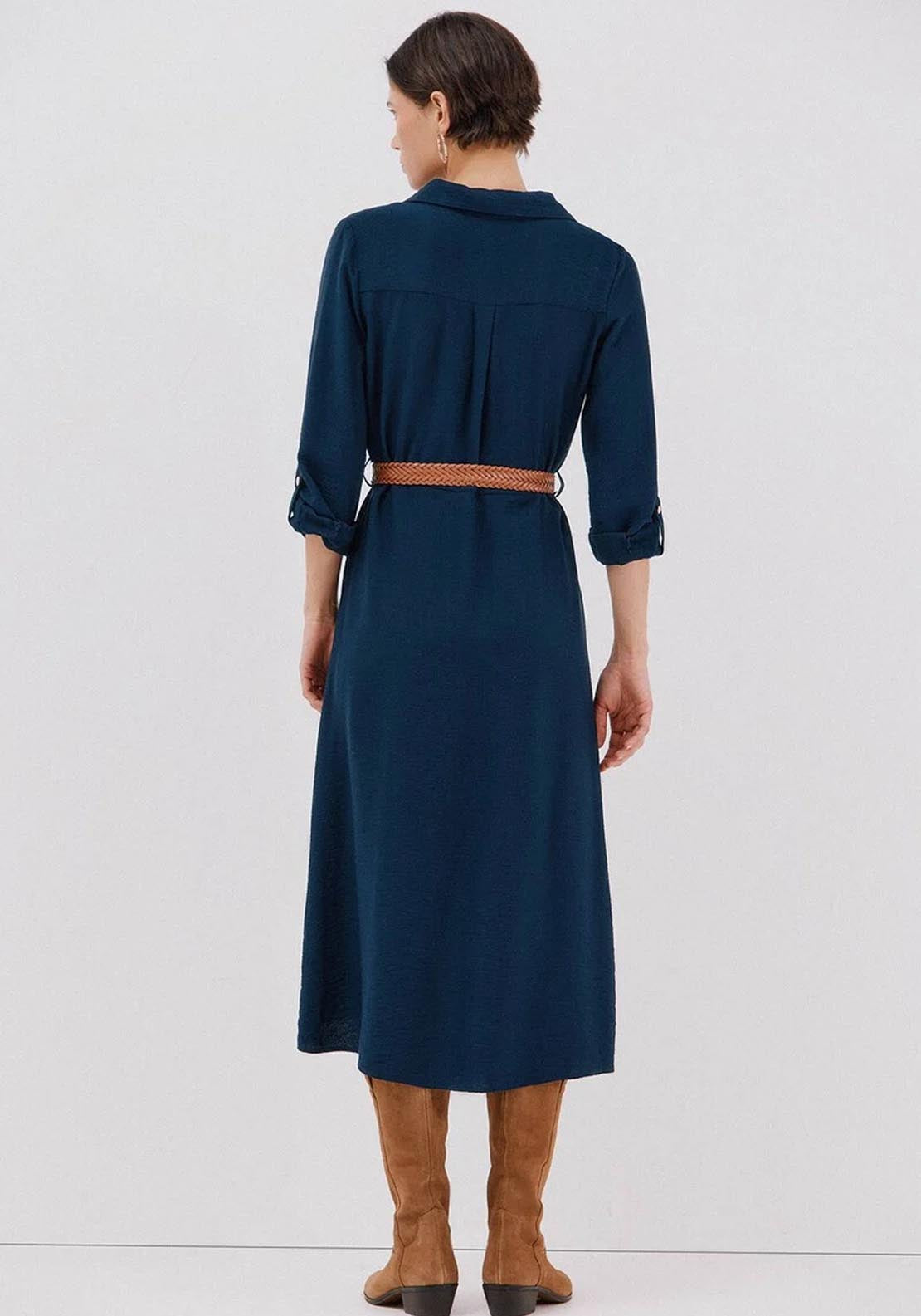 Belted Shirt Dress - Blue