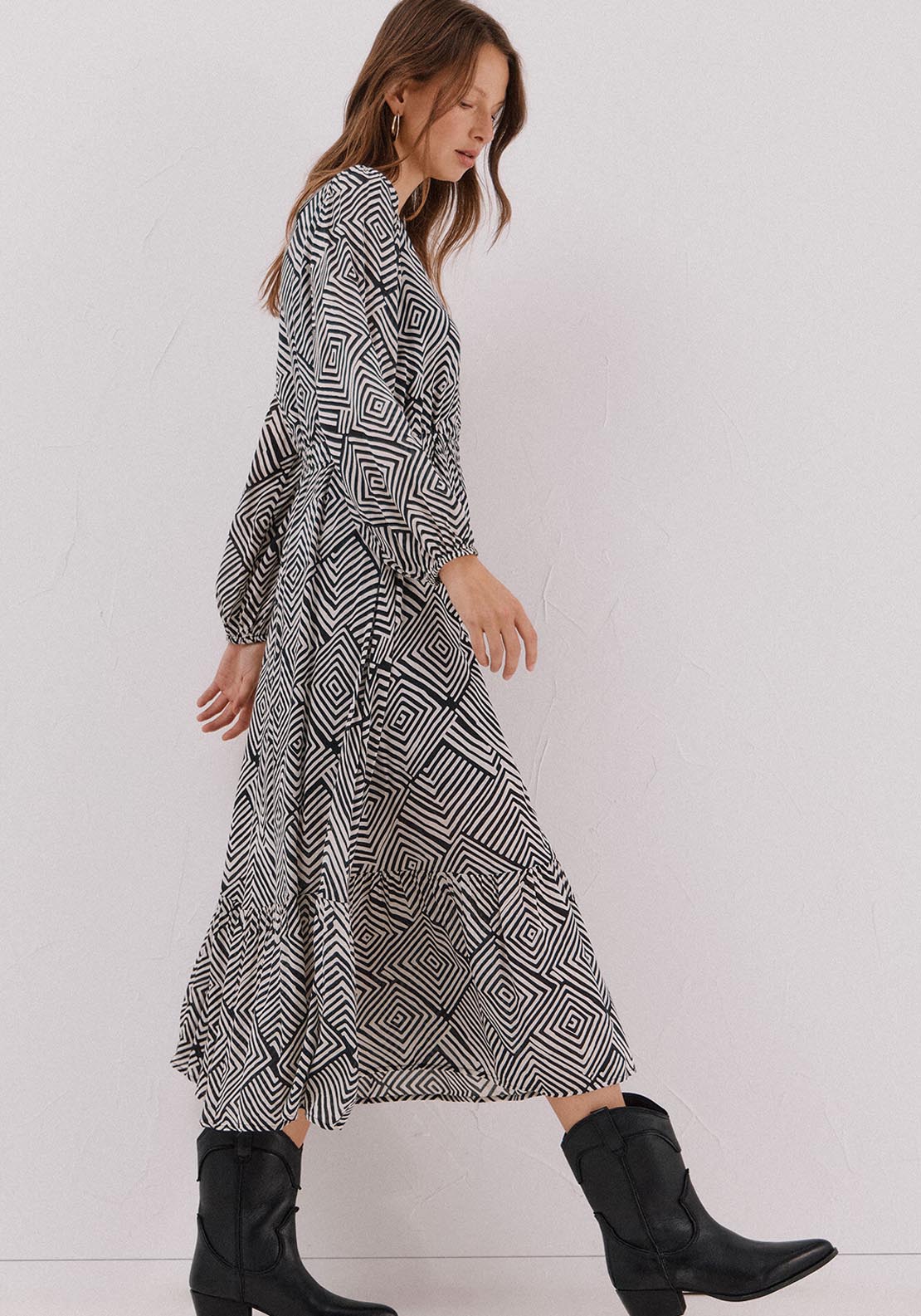 Printed Dress With Elastic Waistband - Burgundy