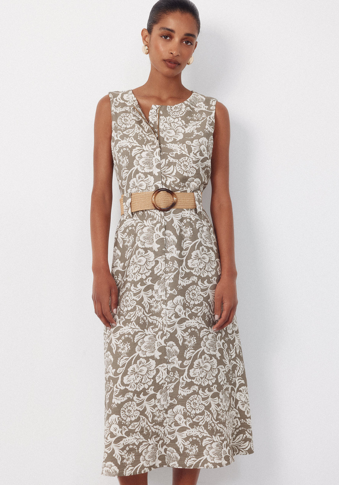 Fluid Embroidered Printed Dress - Dark Khaki