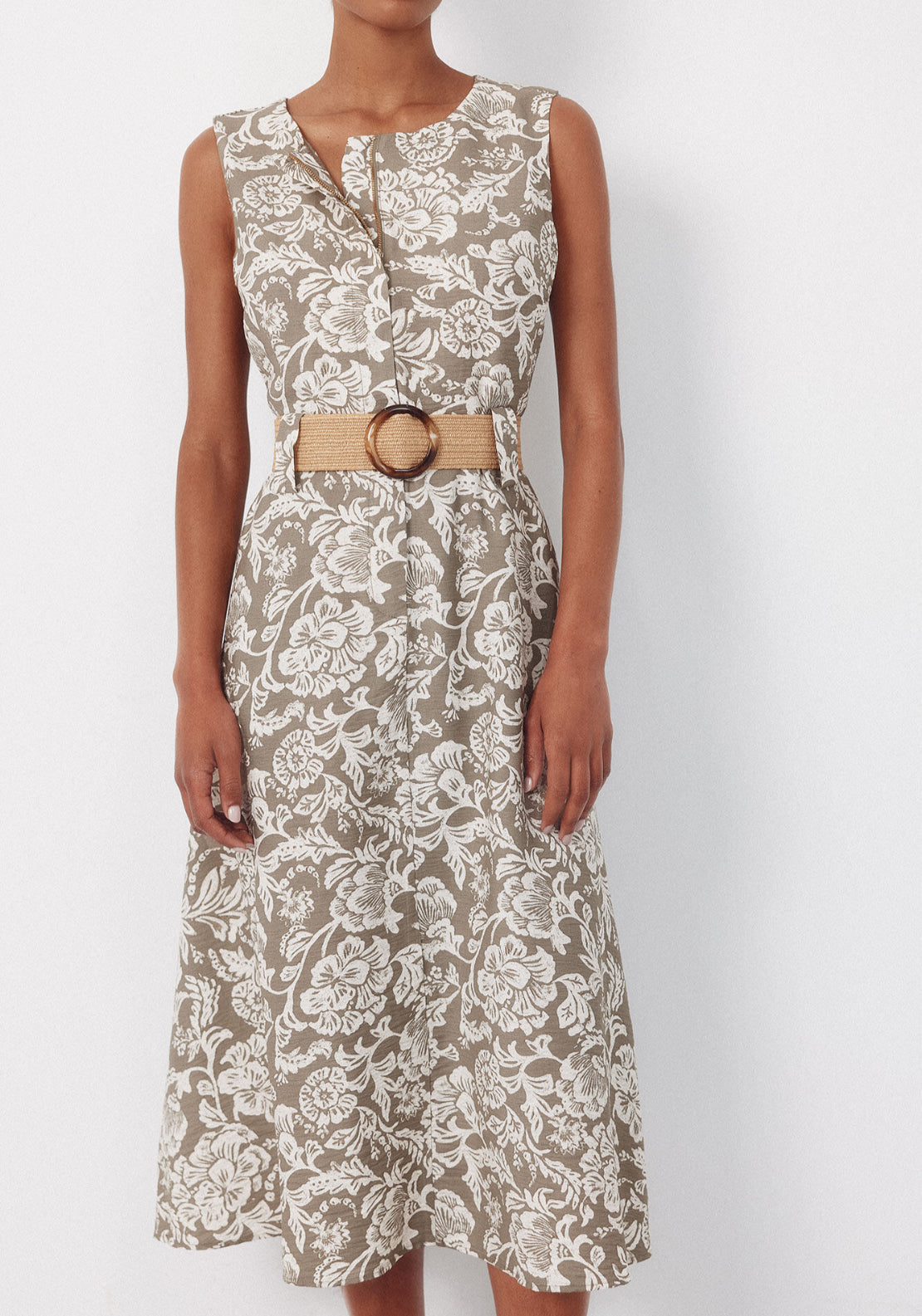 Fluid Embroidered Printed Dress - Dark Khaki