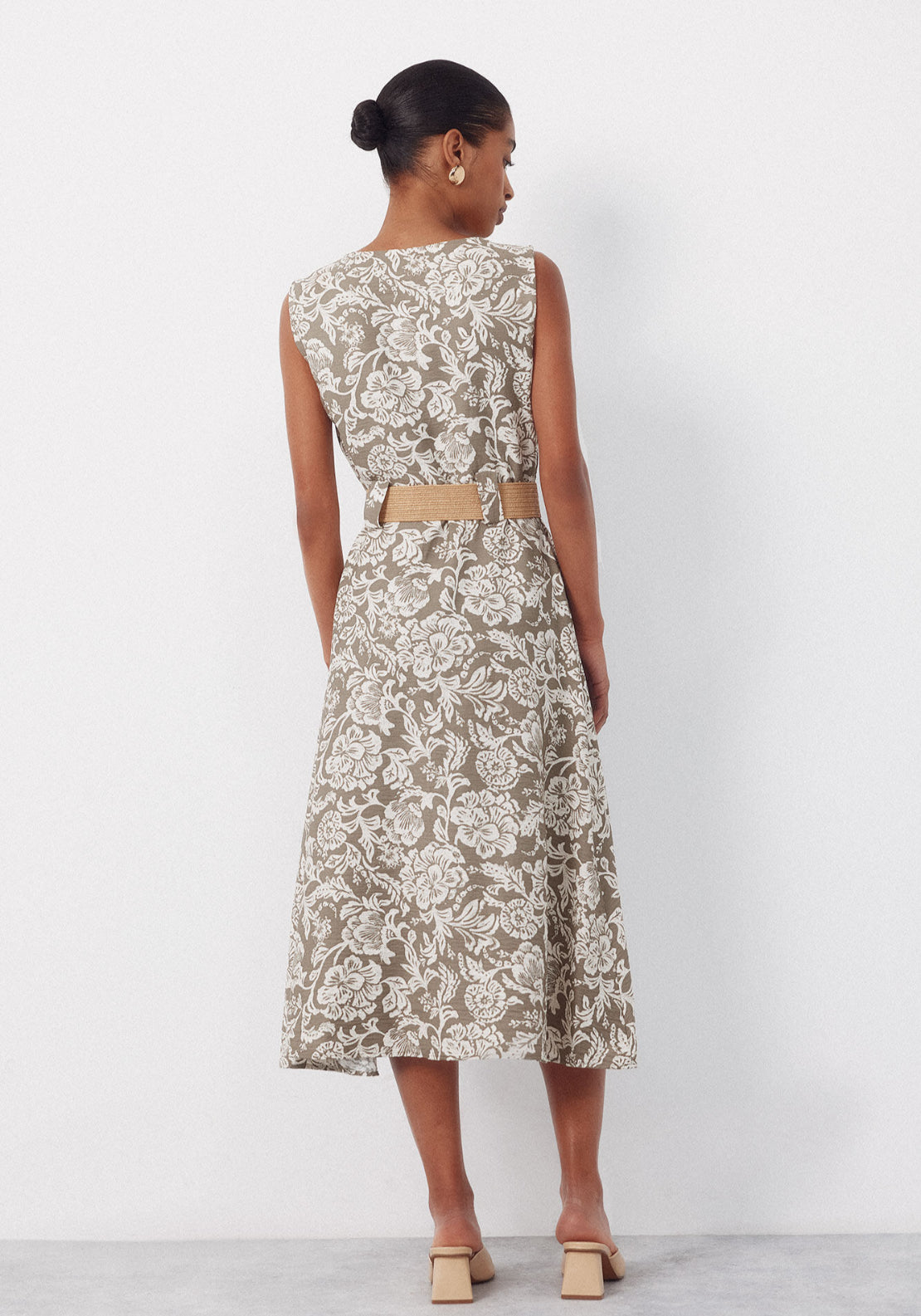 Fluid Embroidered Printed Dress - Dark Khaki
