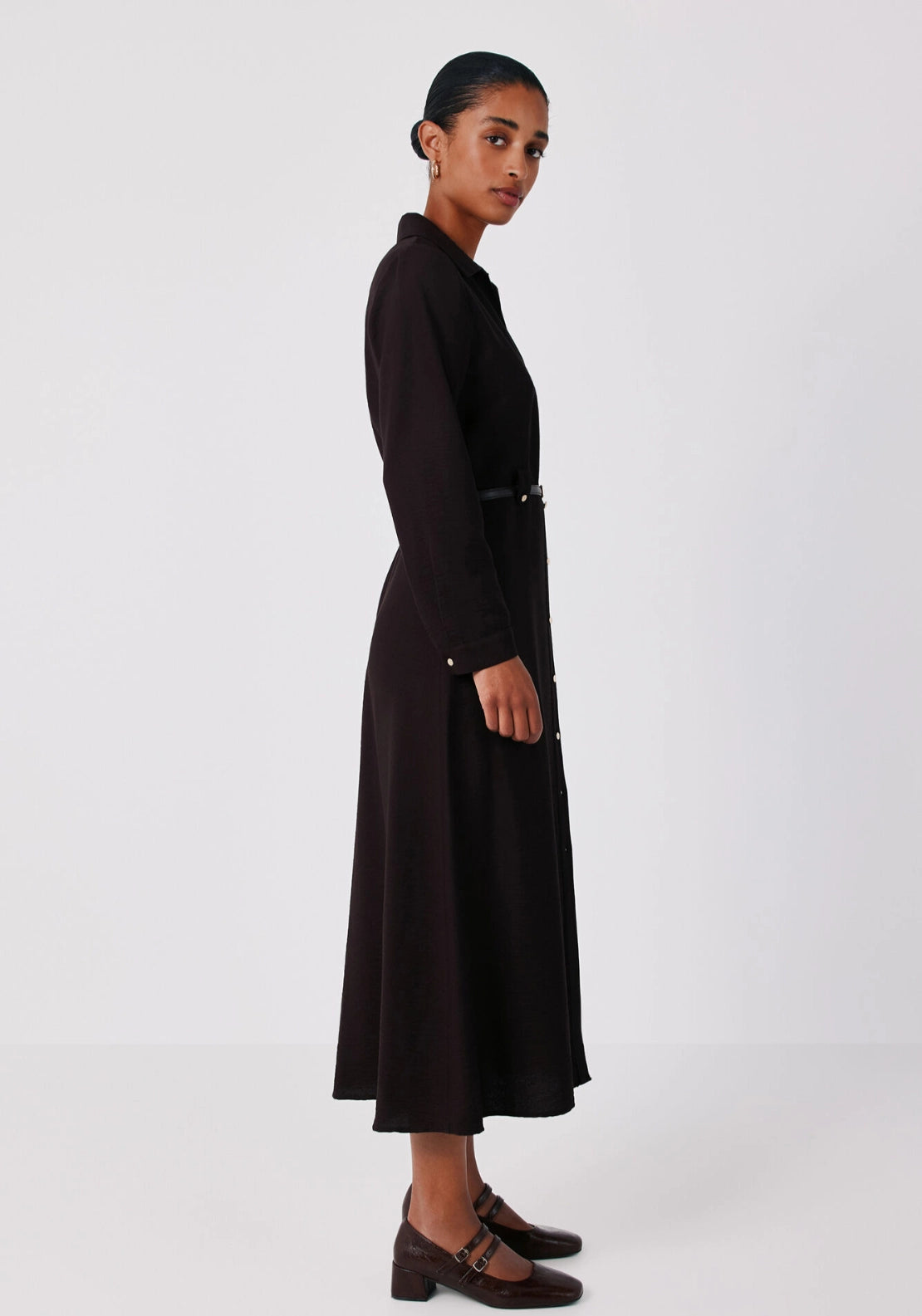 Viscose Lapel Shirt Midi Dress - Dark Brown