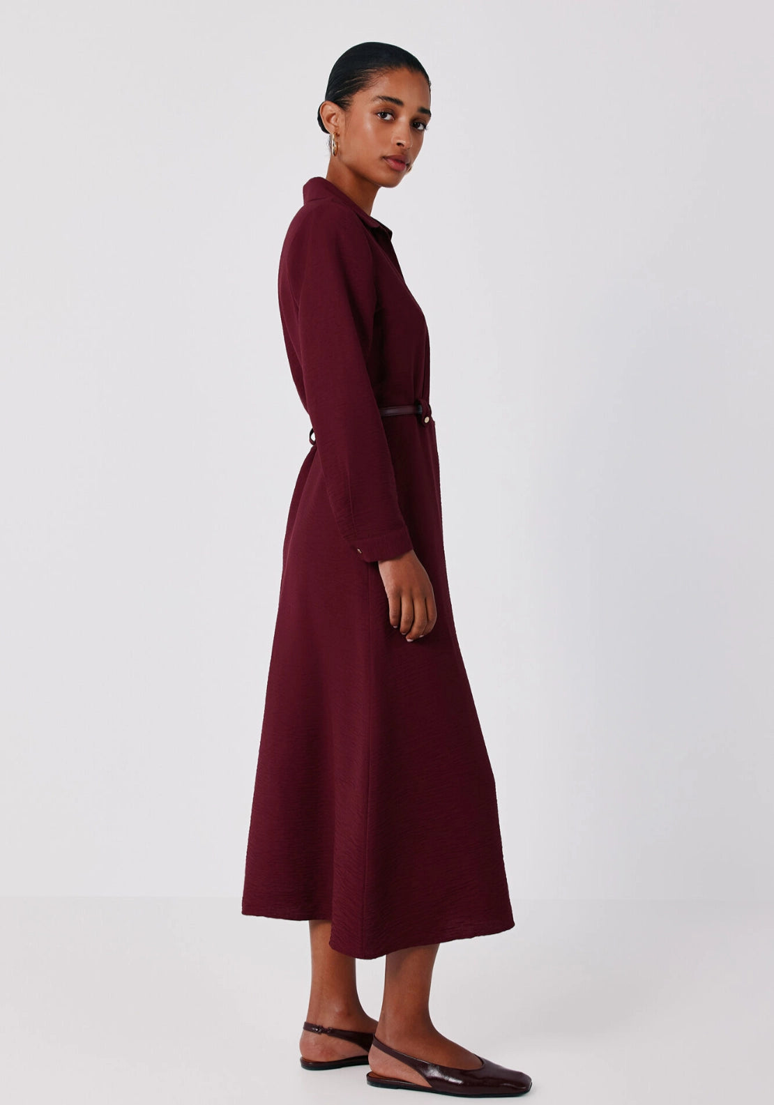 Viscose Lapel Shirt Midi Dress - Maroon