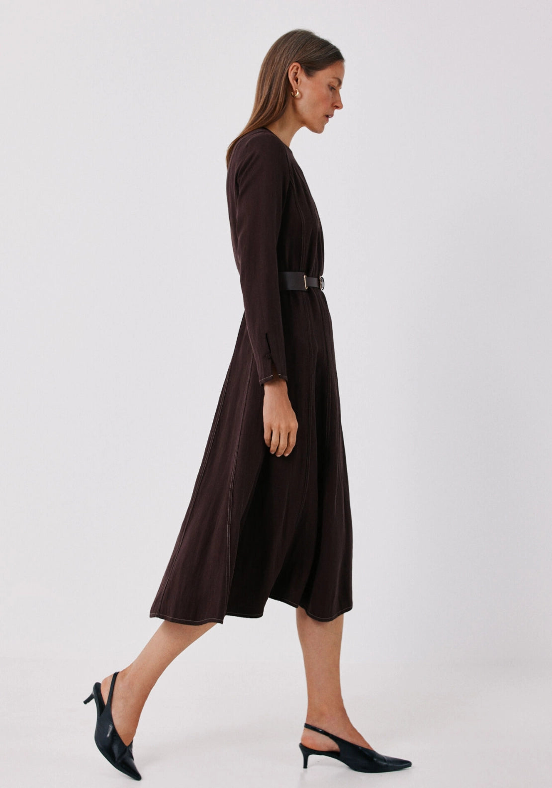 Seam Detail Long Midi Dress - Dark Brown