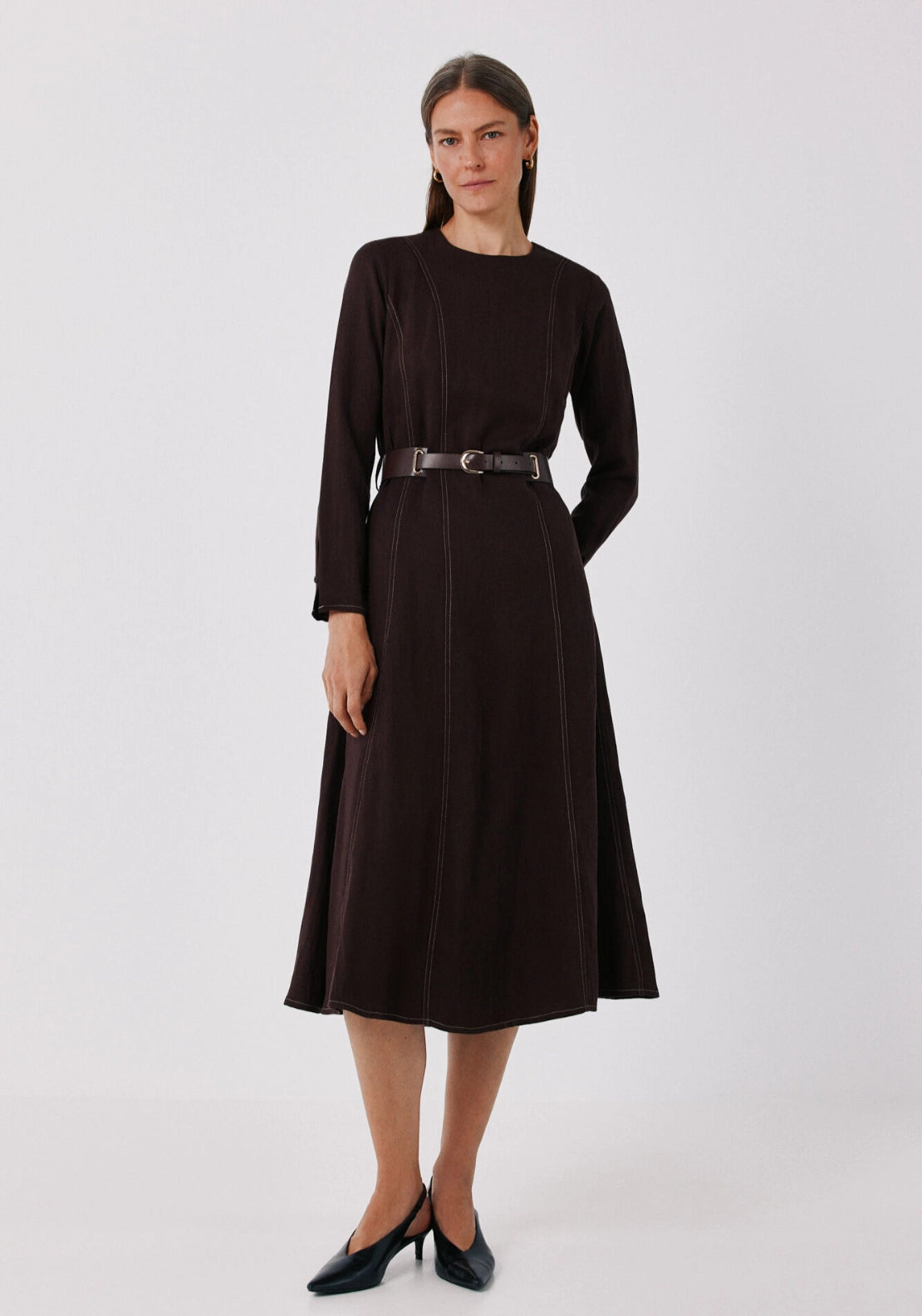 Seam Detail Long Midi Dress - Dark Brown