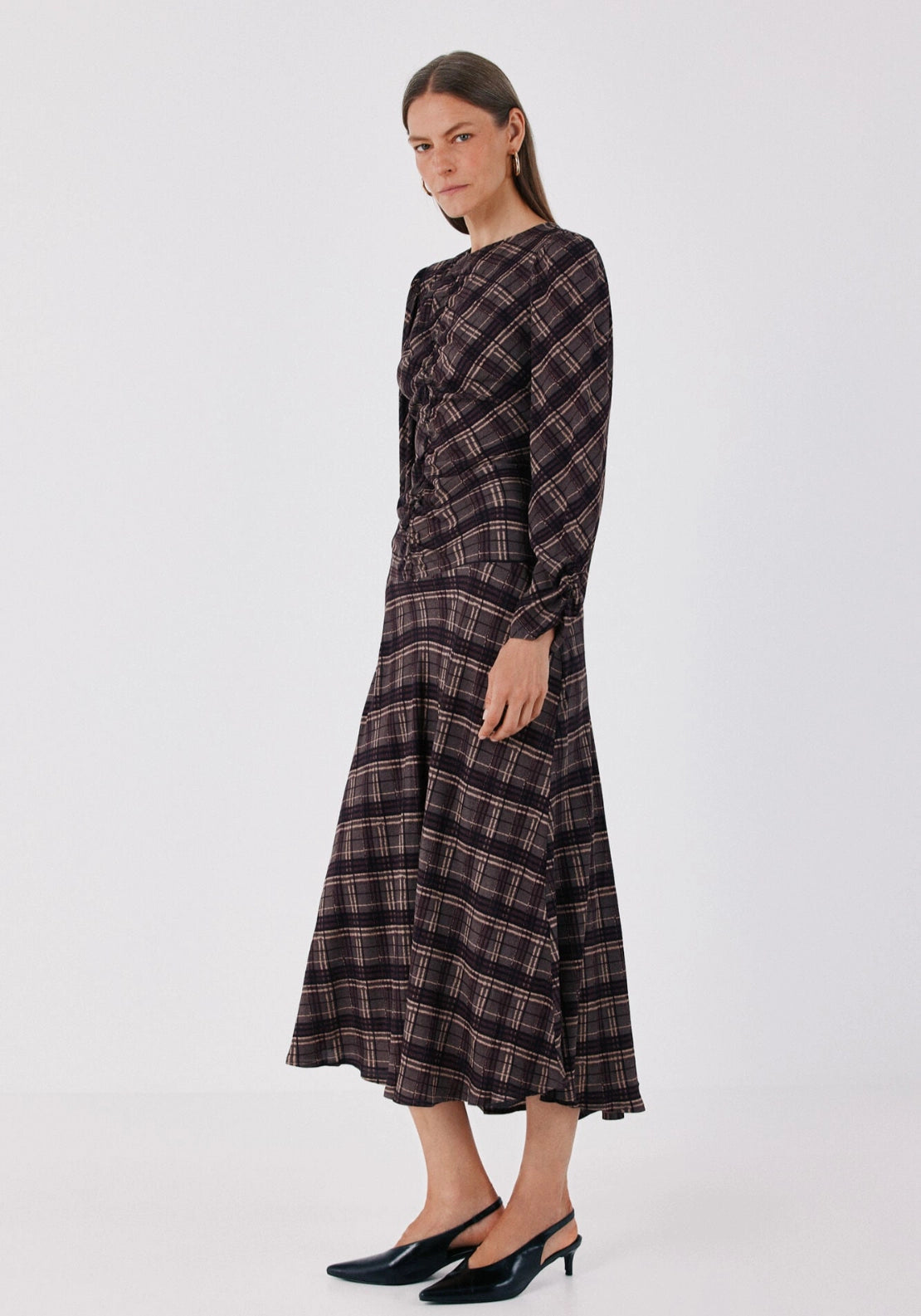 Plaid Print Round Neck Dress - Grey Print