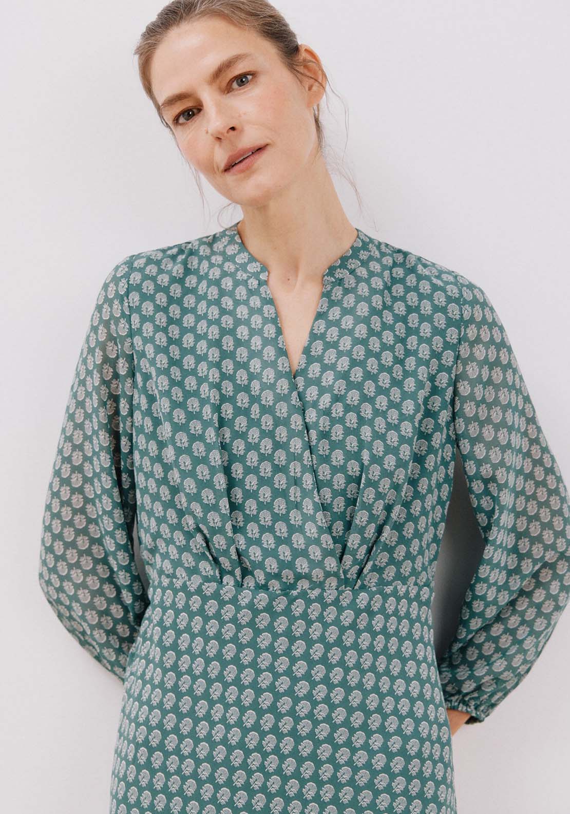 Cortefiel Flowing printed dress - Green Print 4 Shaws Department Stores