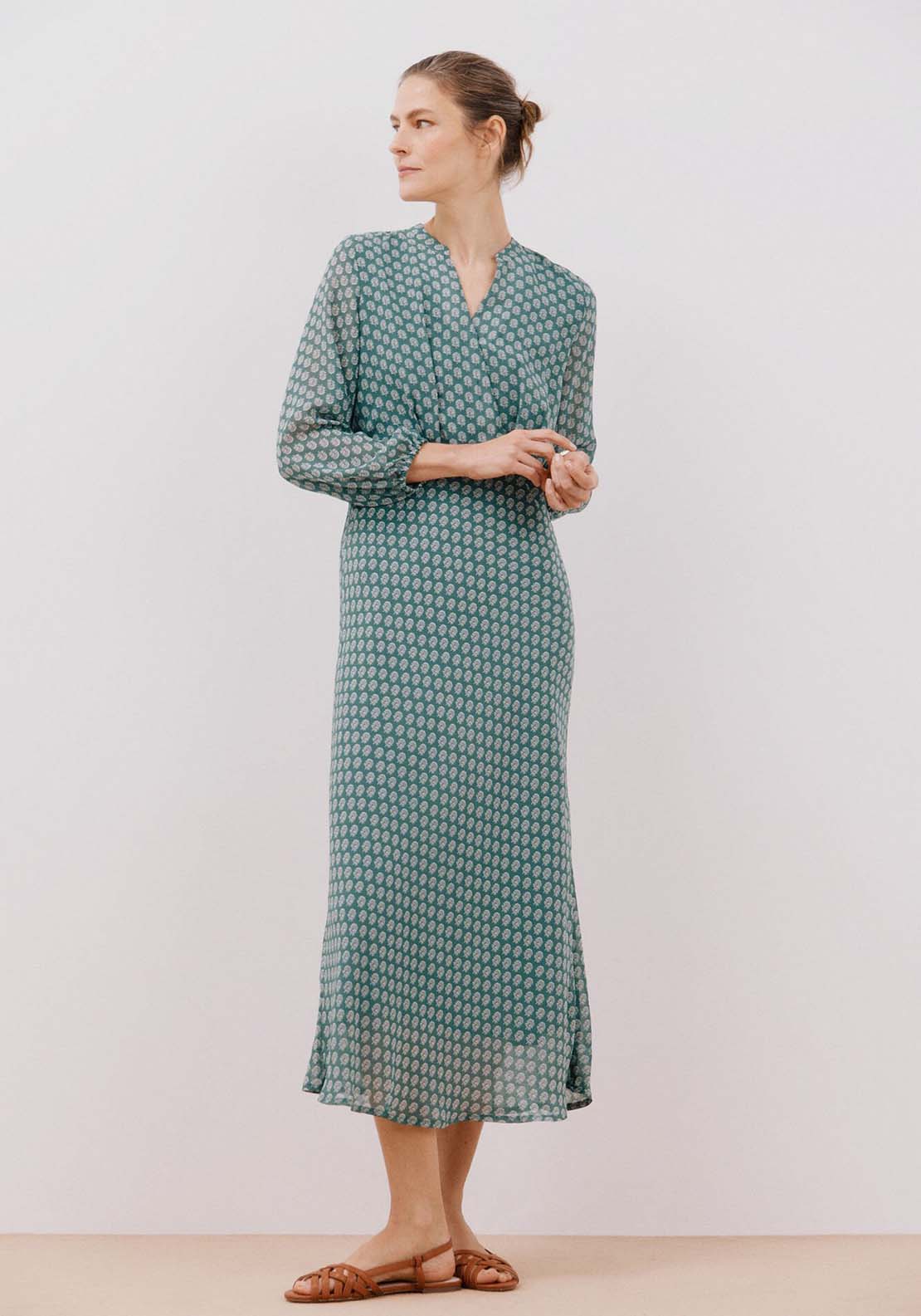 Cortefiel Flowing printed dress - Green Print 1 Shaws Department Stores
