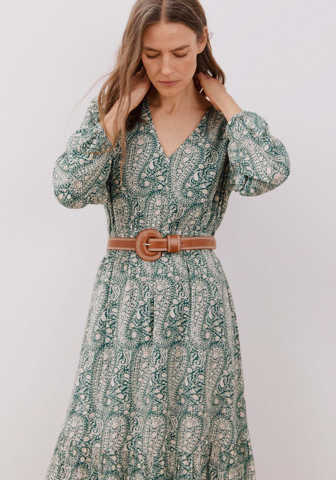 Cortefiel Long printed dress - Green Print 3 Shaws Department Stores