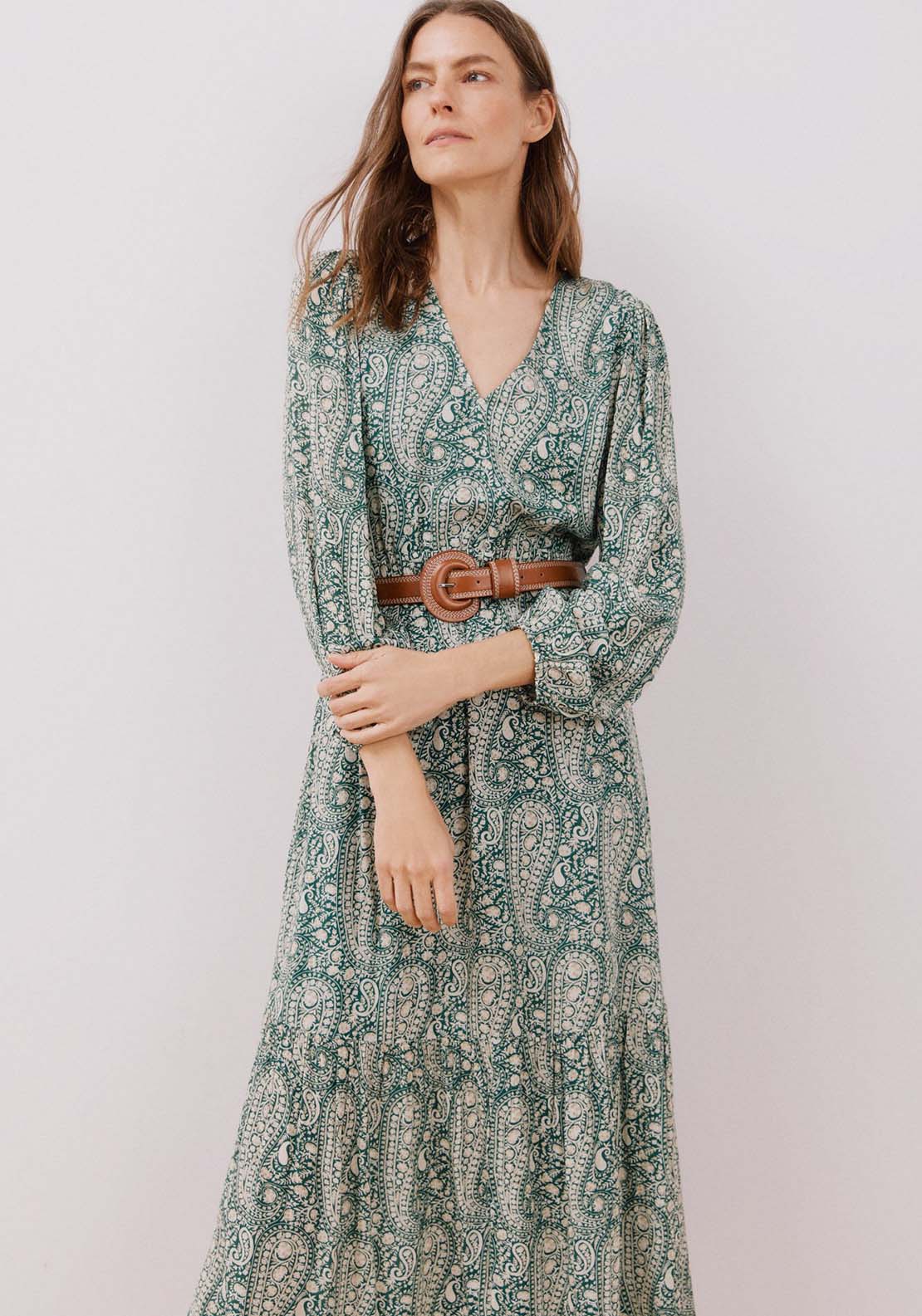 Cortefiel Long printed dress - Green Print 2 Shaws Department Stores