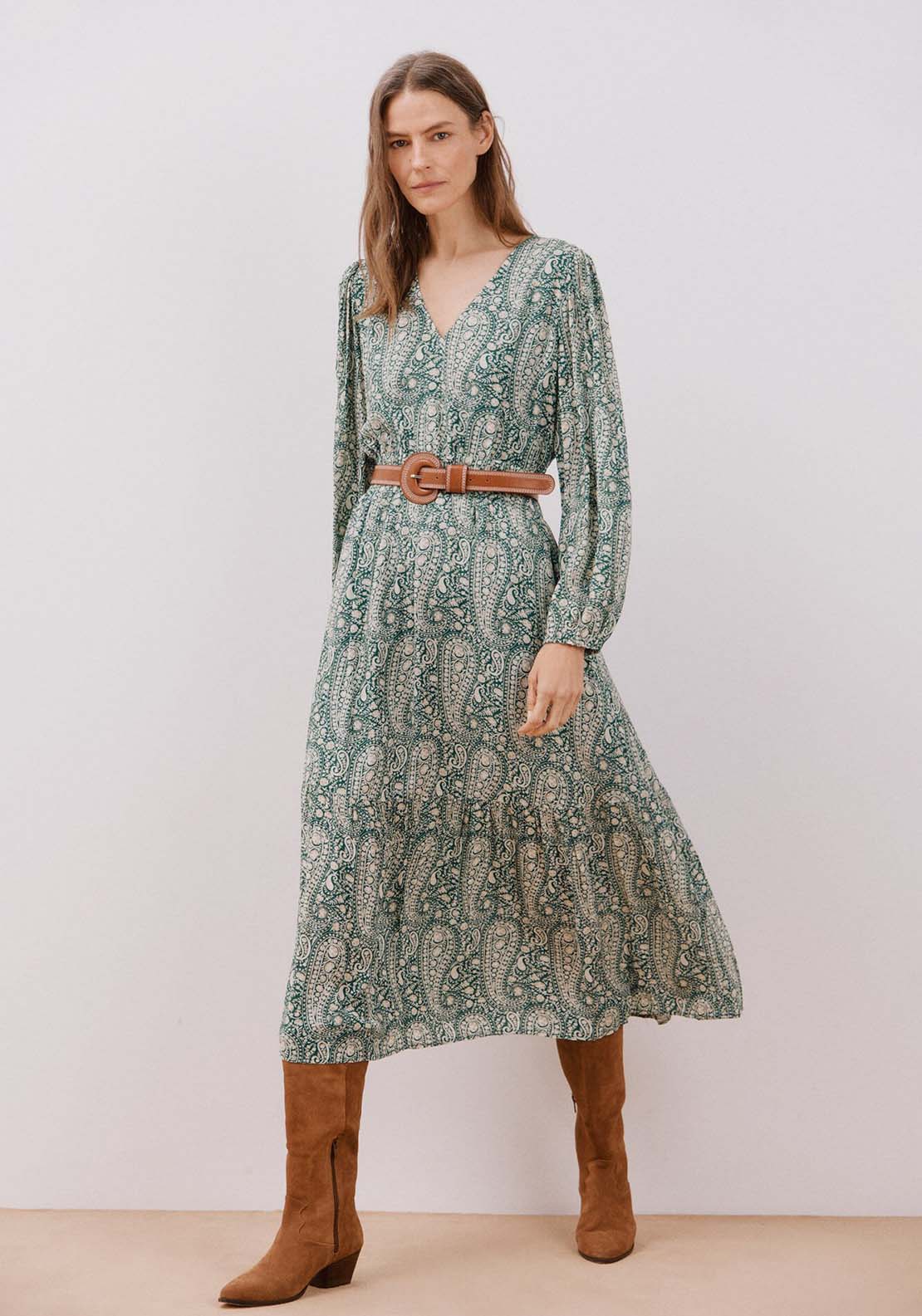 Cortefiel Long printed dress - Green Print 1 Shaws Department Stores