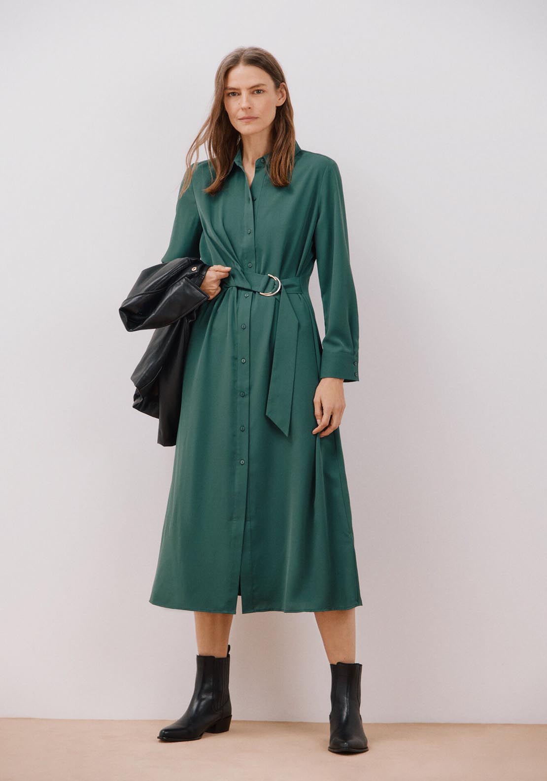 Cortefiel Fluid Shirt Dress - Bottle Green 5 Shaws Department Stores