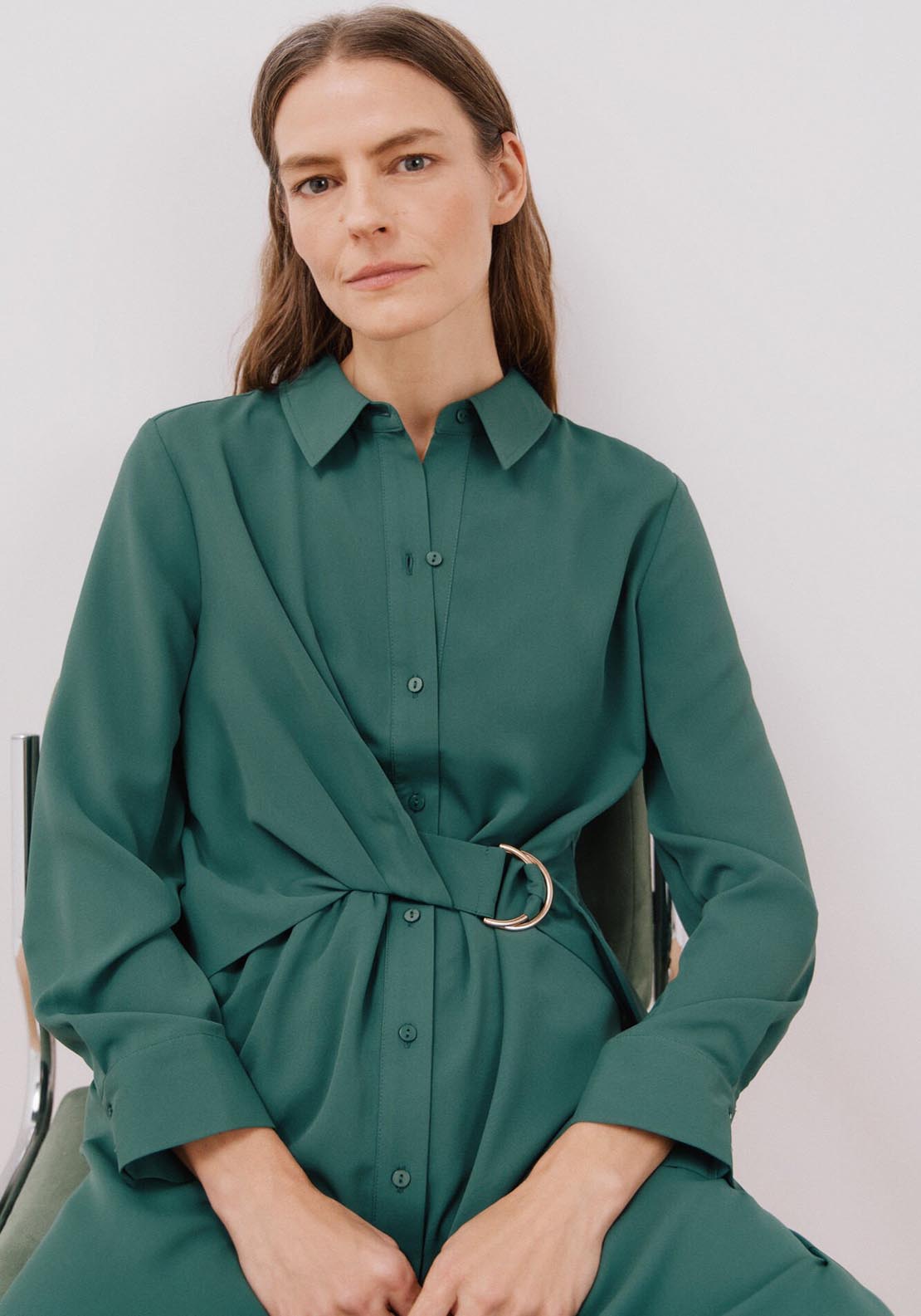 Cortefiel Fluid Shirt Dress - Bottle Green 6 Shaws Department Stores