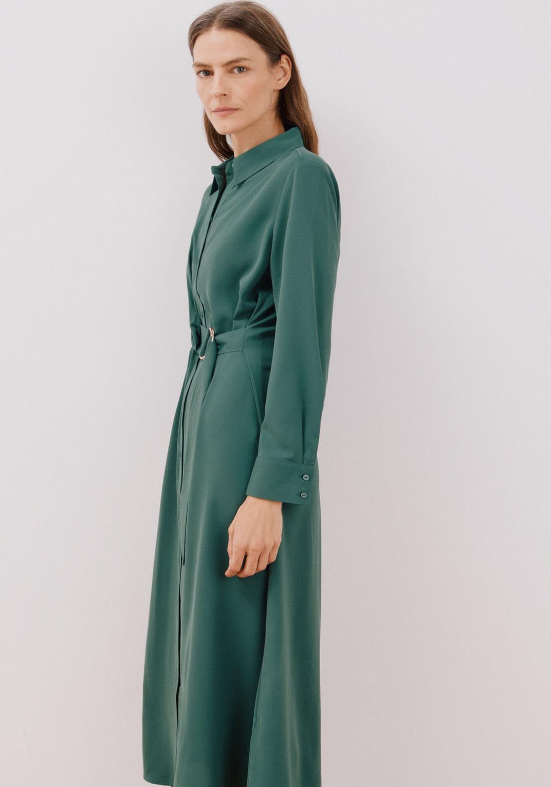 Cortefiel Fluid Shirt Dress - Bottle Green 7 Shaws Department Stores