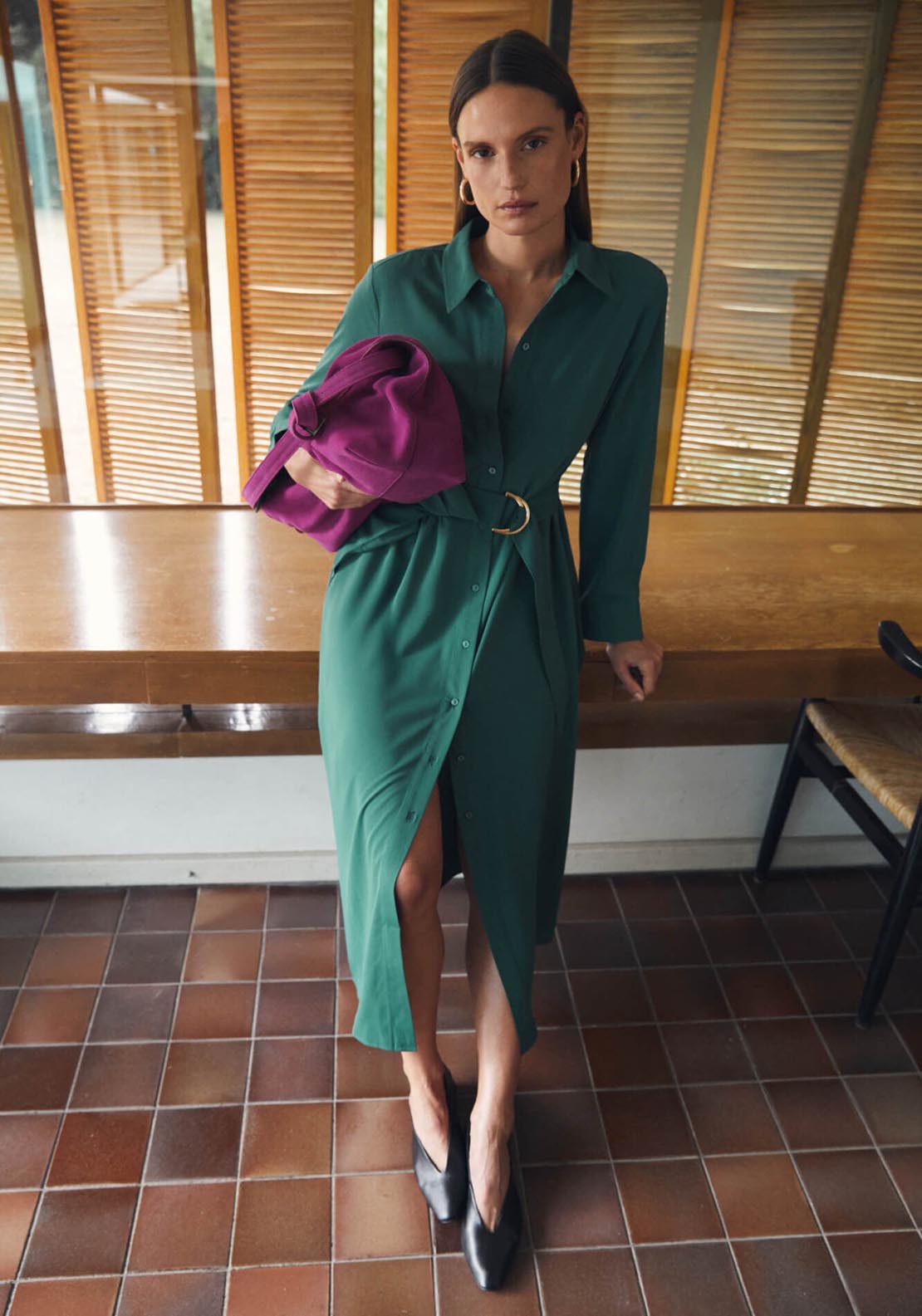 Cortefiel Fluid Shirt Dress - Bottle Green 2 Shaws Department Stores