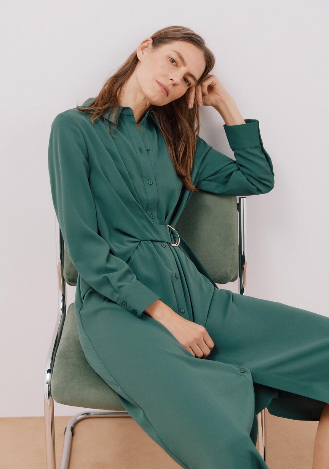 Cortefiel Fluid Shirt Dress - Bottle Green 3 Shaws Department Stores