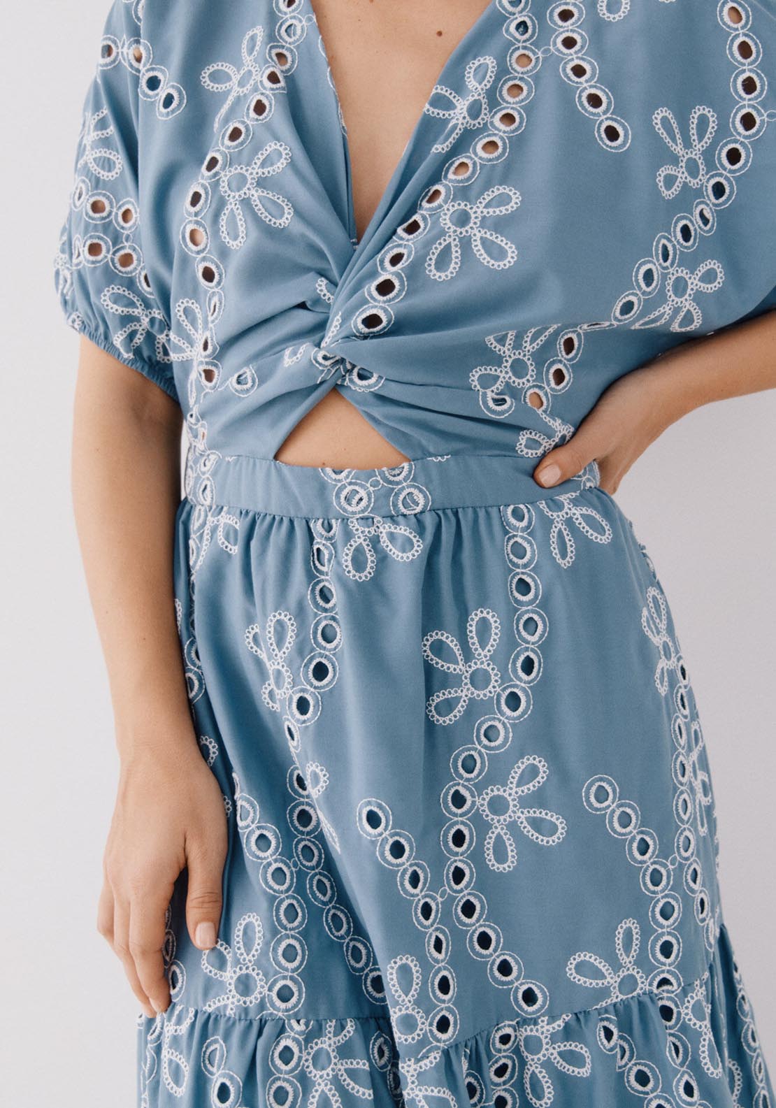 Cortefiel Perforated Embroidered Dress - Medium Blue 5 Shaws Department Stores