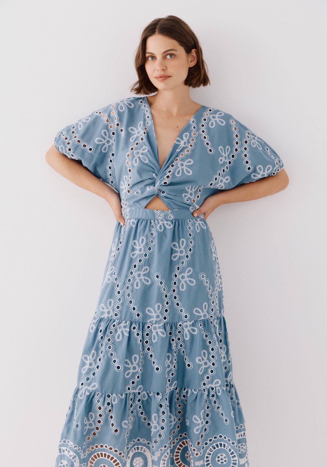 Cortefiel Perforated Embroidered Dress - Medium Blue 4 Shaws Department Stores