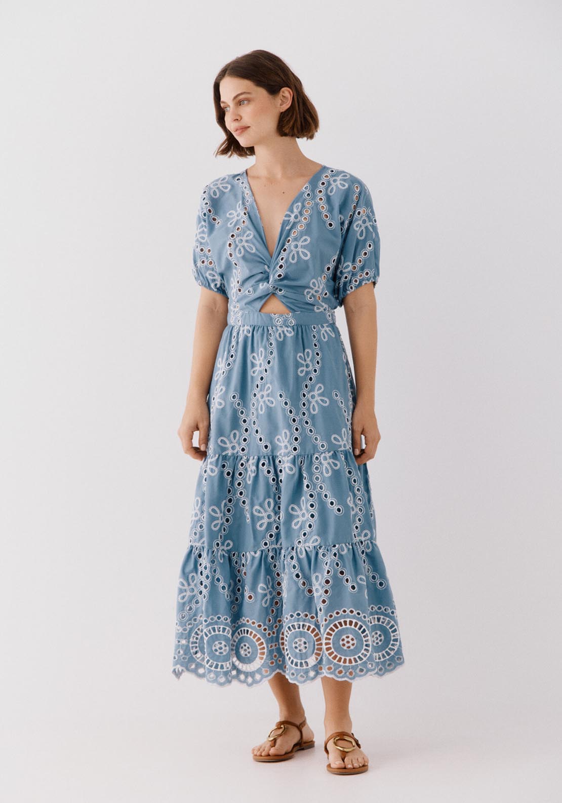 Cortefiel Perforated Embroidered Dress - Medium Blue 1 Shaws Department Stores