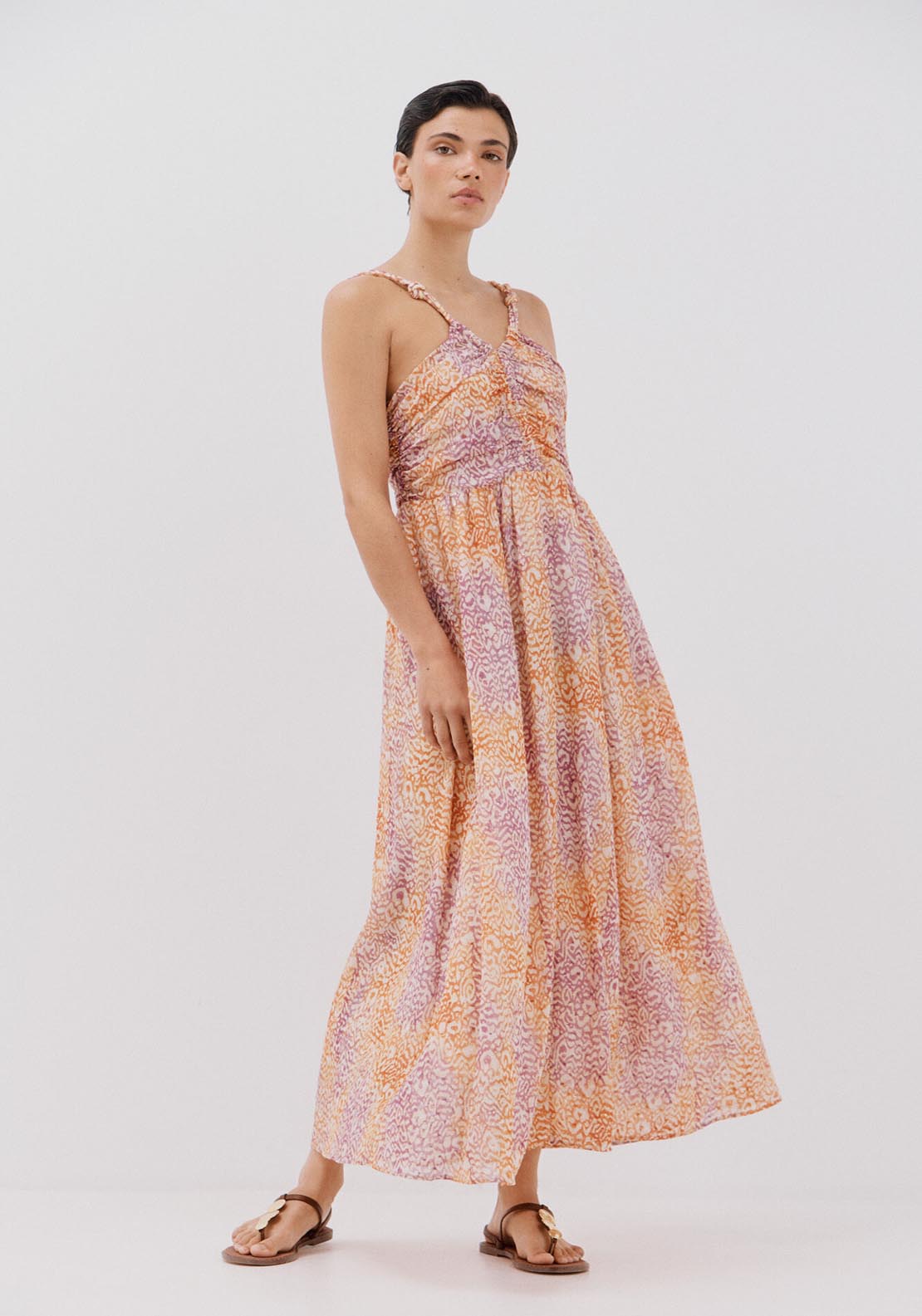 Cortefiel Strappy Long Printed Dress - Multicoloured 1 Shaws Department Stores