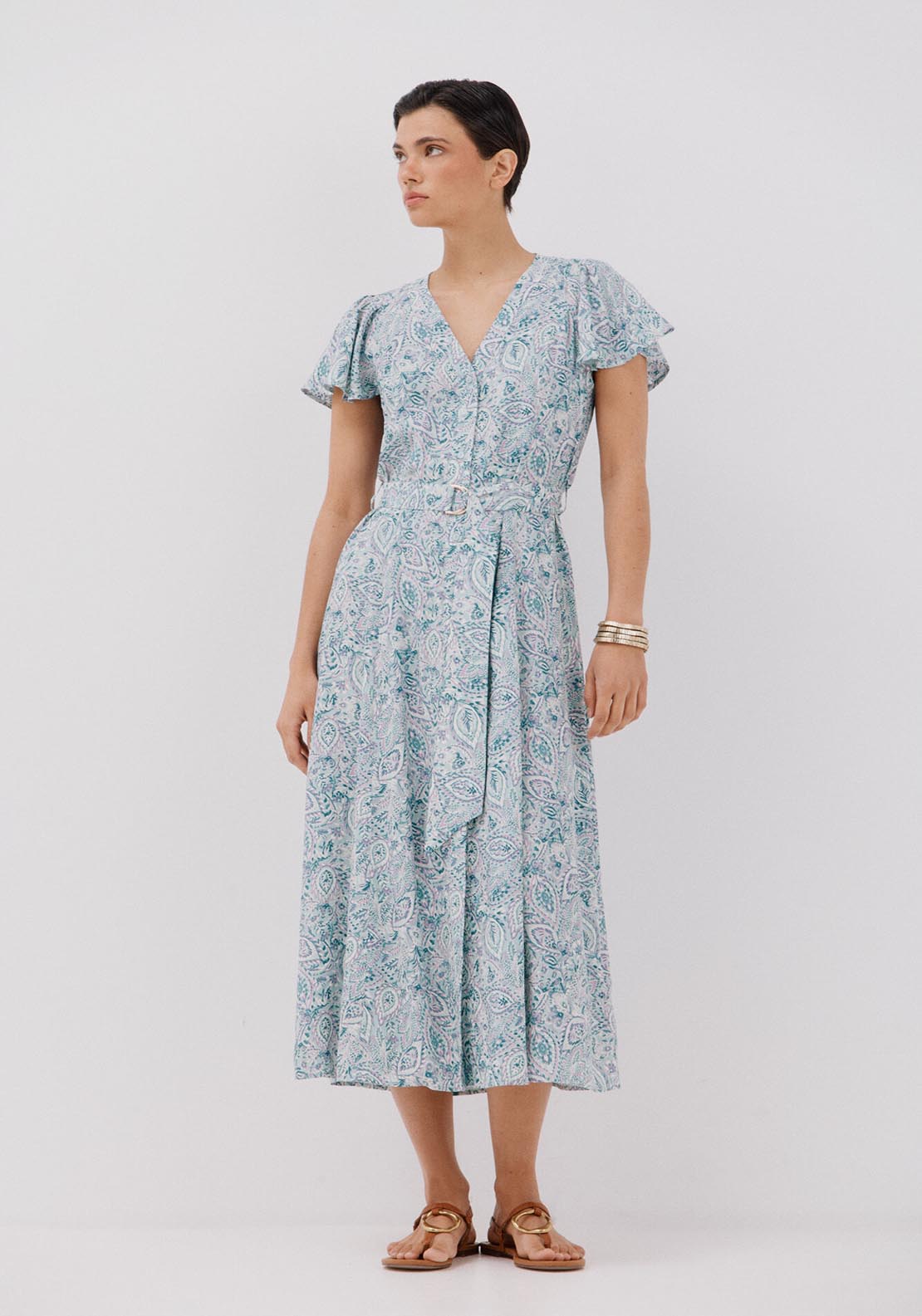 Cortefiel Printed Midi Dress - Green Print 1 Shaws Department Stores