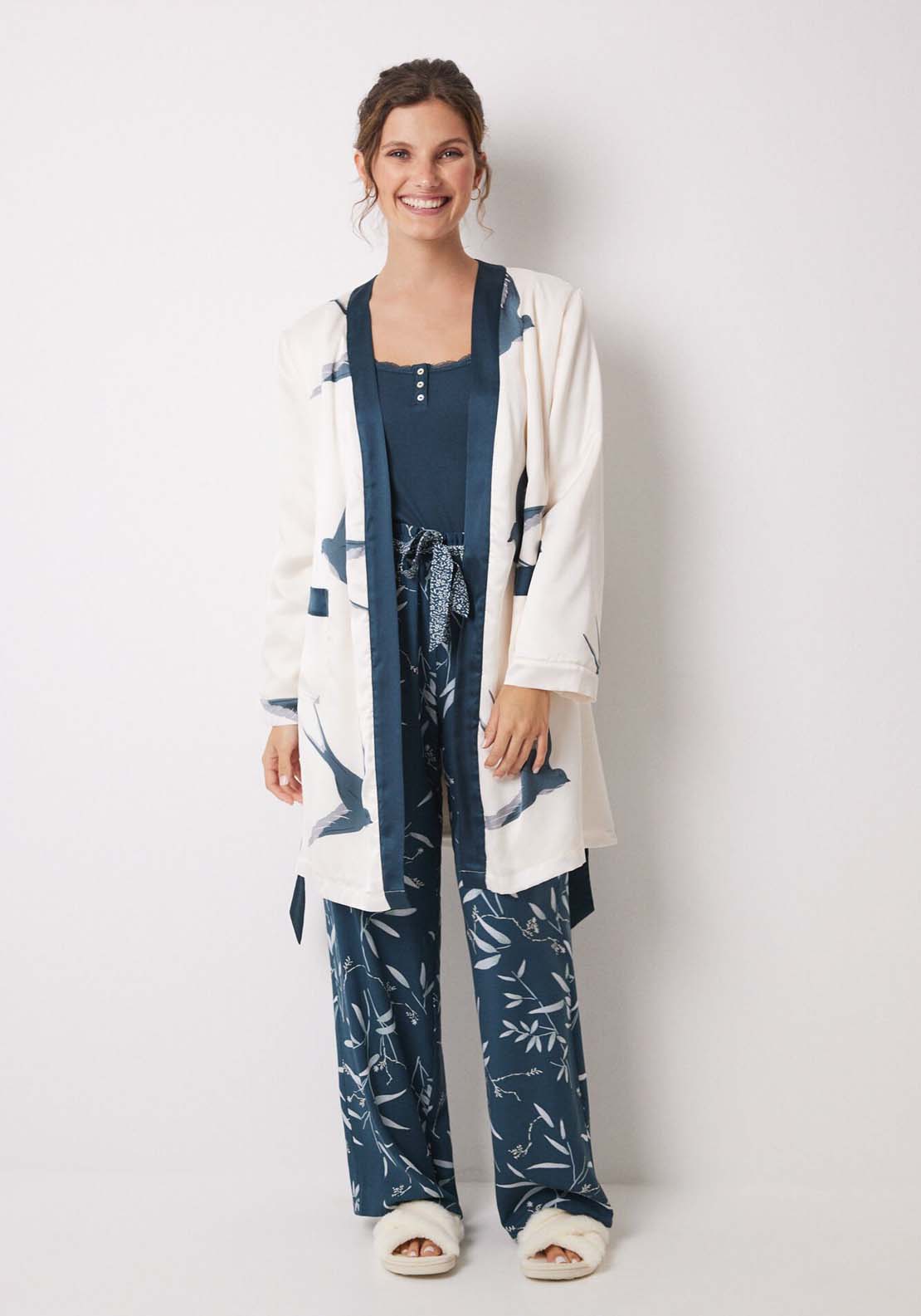 Womens Secret Bird print satin midi robe - White 2 Shaws Department Stores