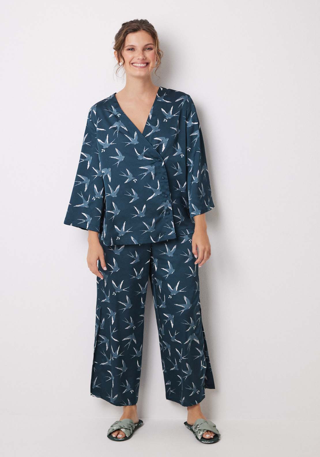 Womens Secret Long satin pajamas with bird print - Green 1 Shaws Department Stores