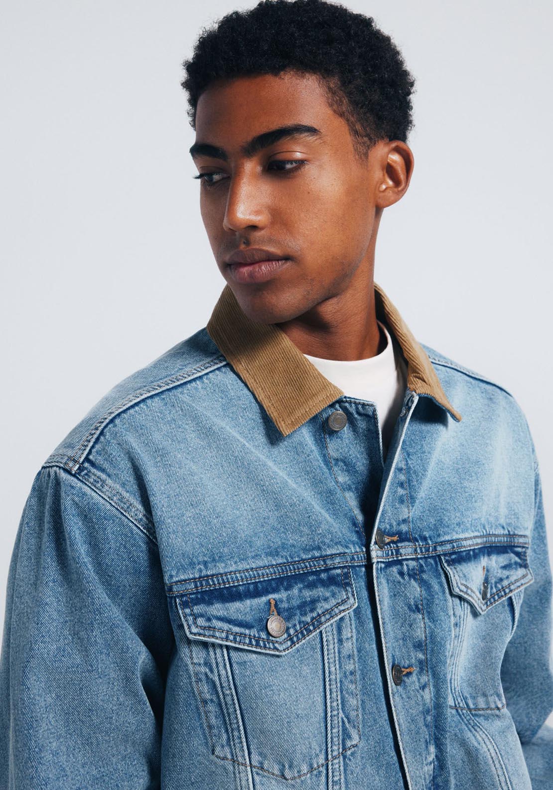 Springfield Oversized Denim Jacket Contrast Neck - Blue 4 Shaws Department Stores