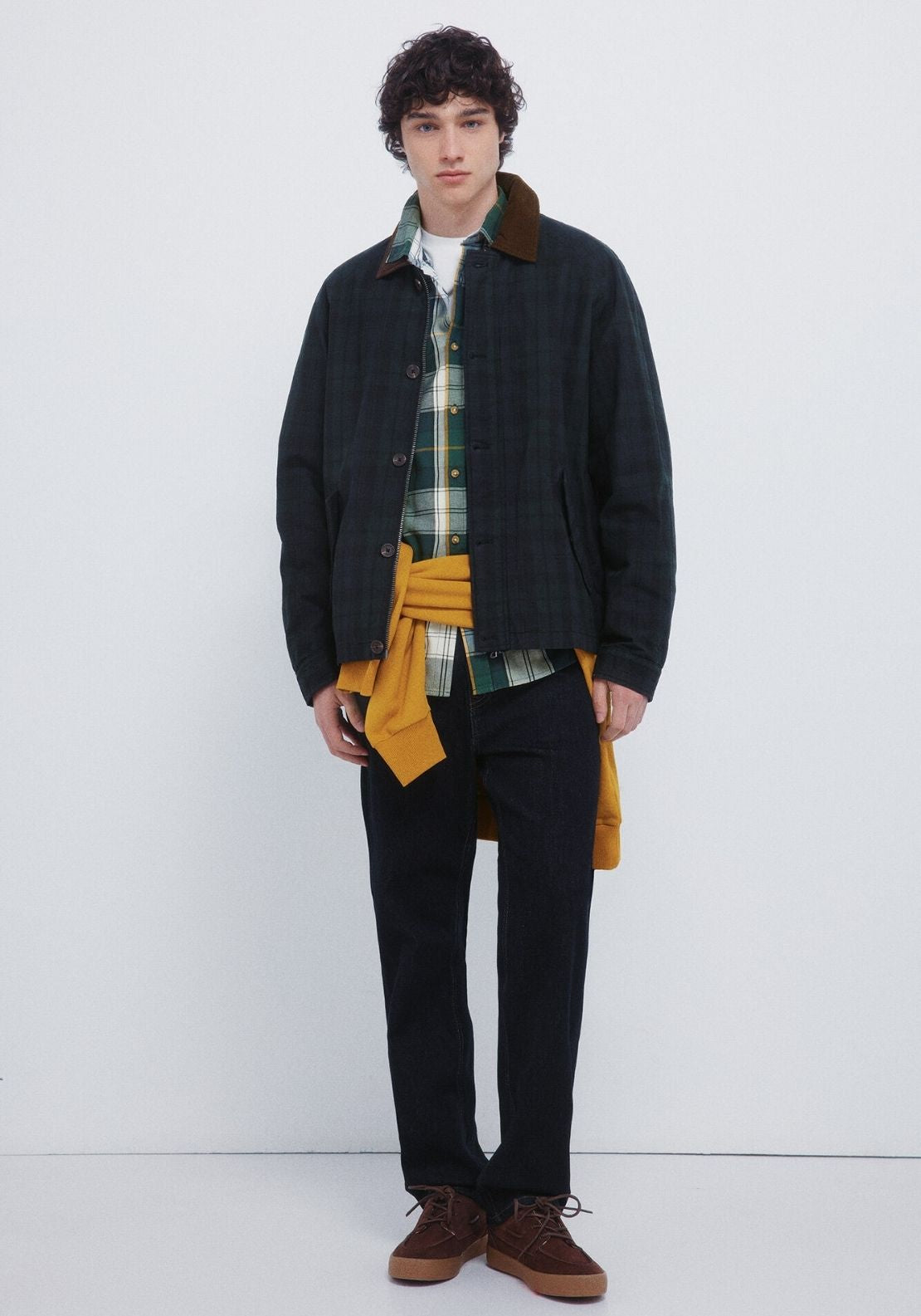 Checkered Parka With Corduroy Neck - Green