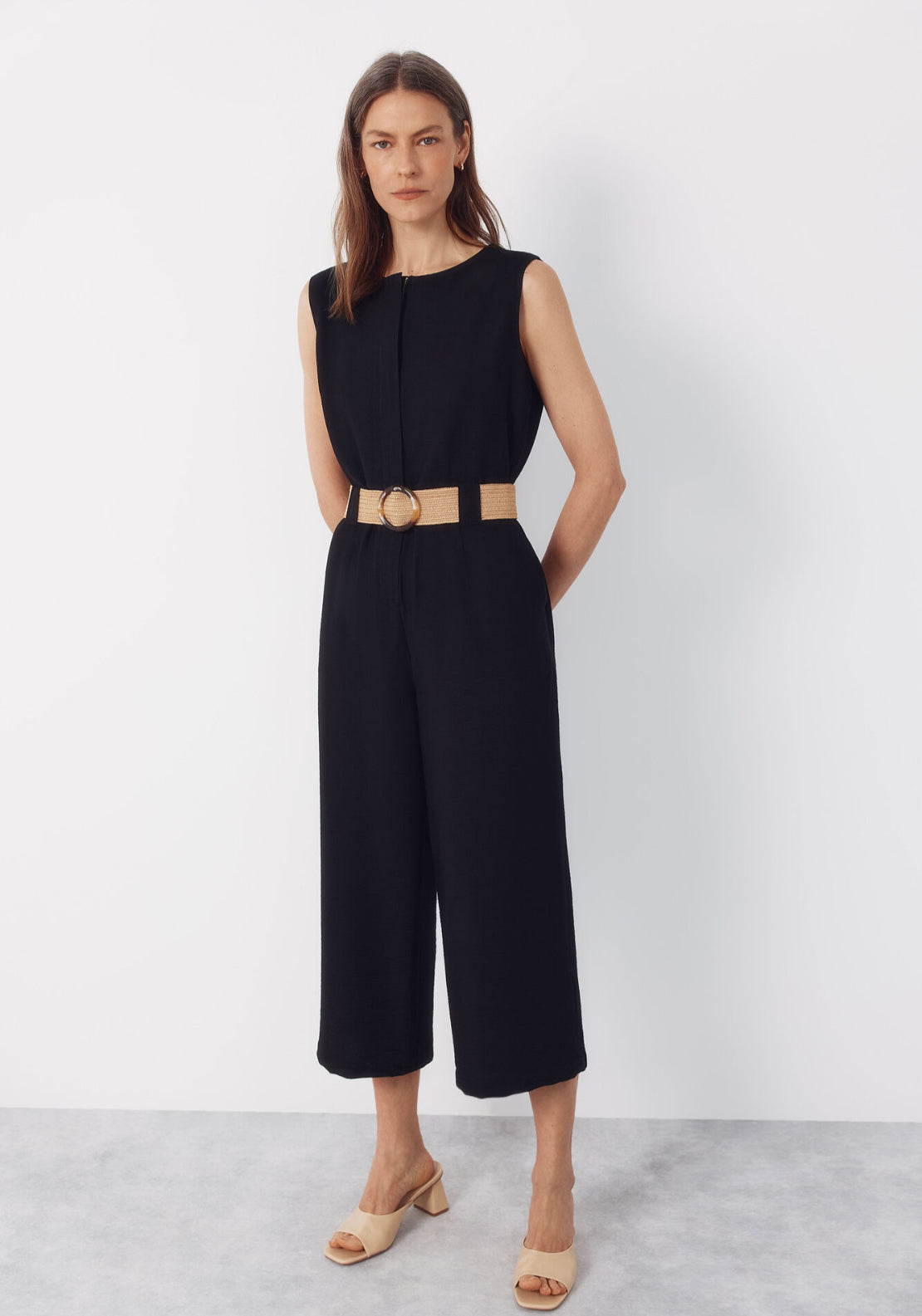 Raffia Belted Jumpsuit - Black