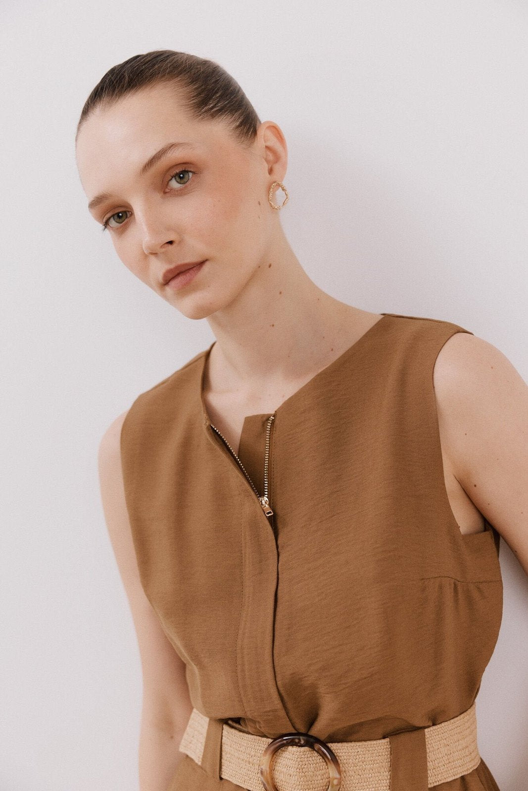 Cortefiel Jumpsuit With Contrasting Belt - Dark Brown 2 Shaws Department Stores