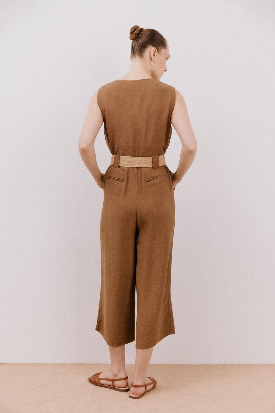 Cortefiel Jumpsuit With Contrasting Belt - Dark Brown 3 Shaws Department Stores