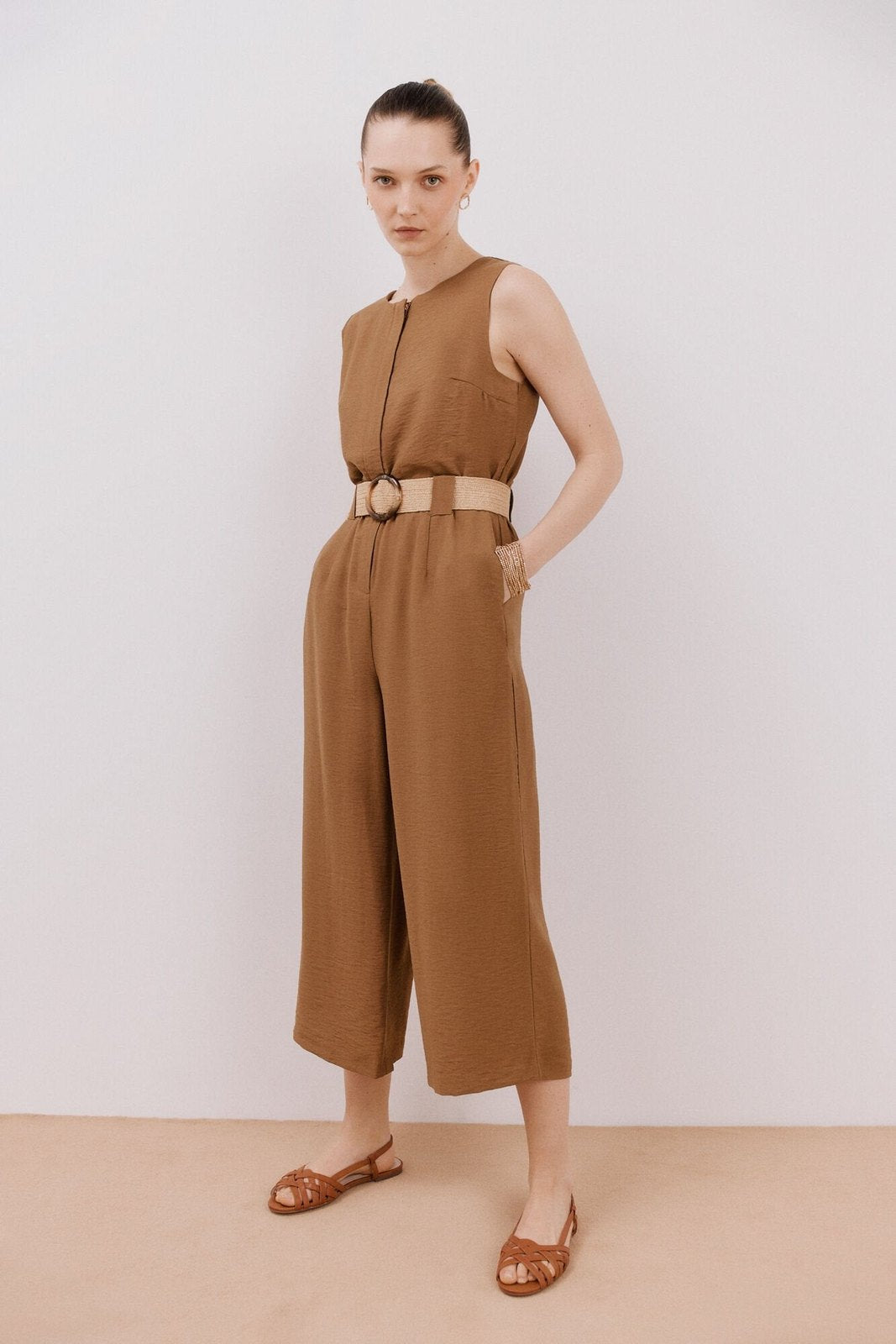 Cortefiel Jumpsuit With Contrasting Belt - Dark Brown 4 Shaws Department Stores