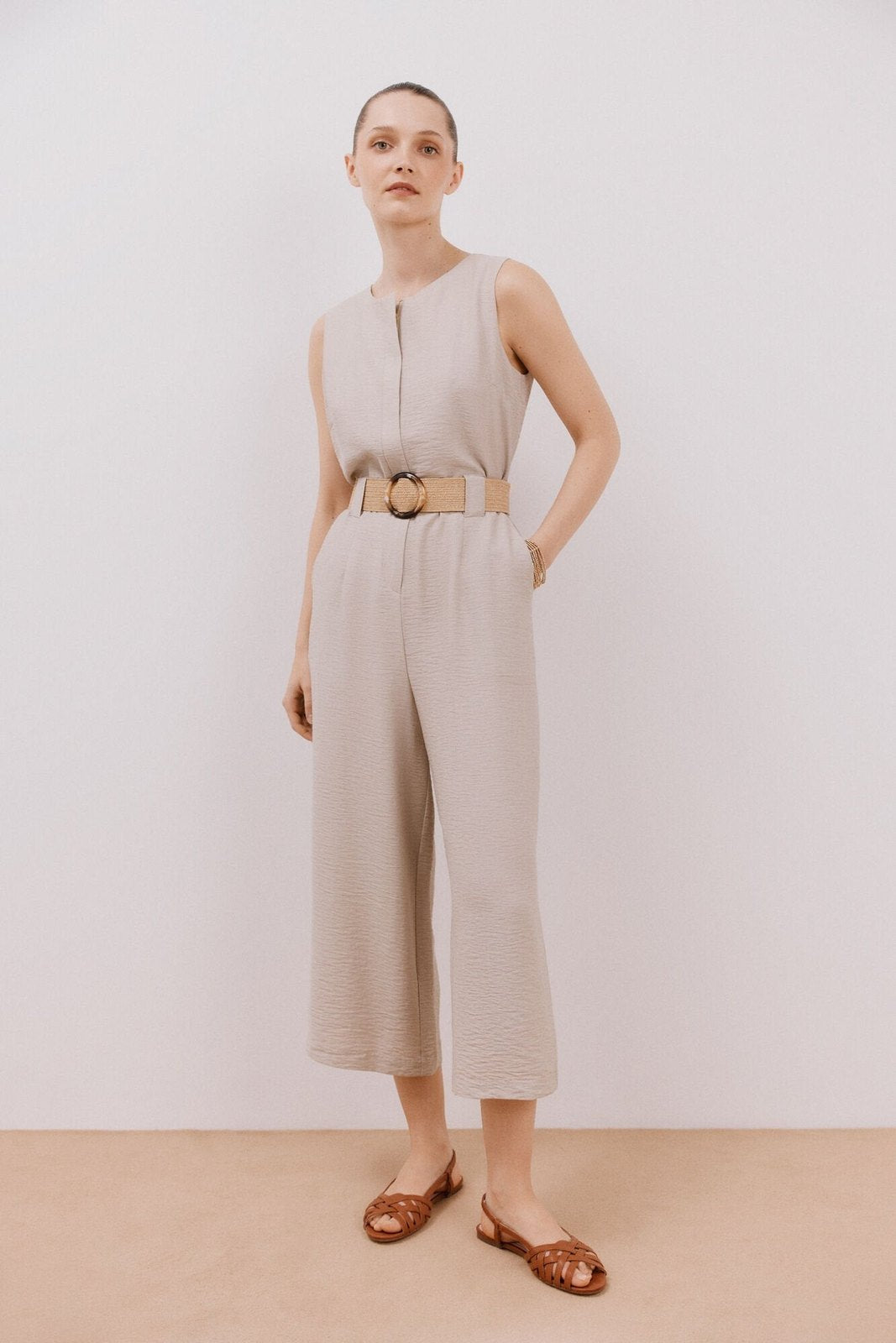 Cortefiel Jumpsuit With Contrasting Belt - Sand 1 Shaws Department Stores