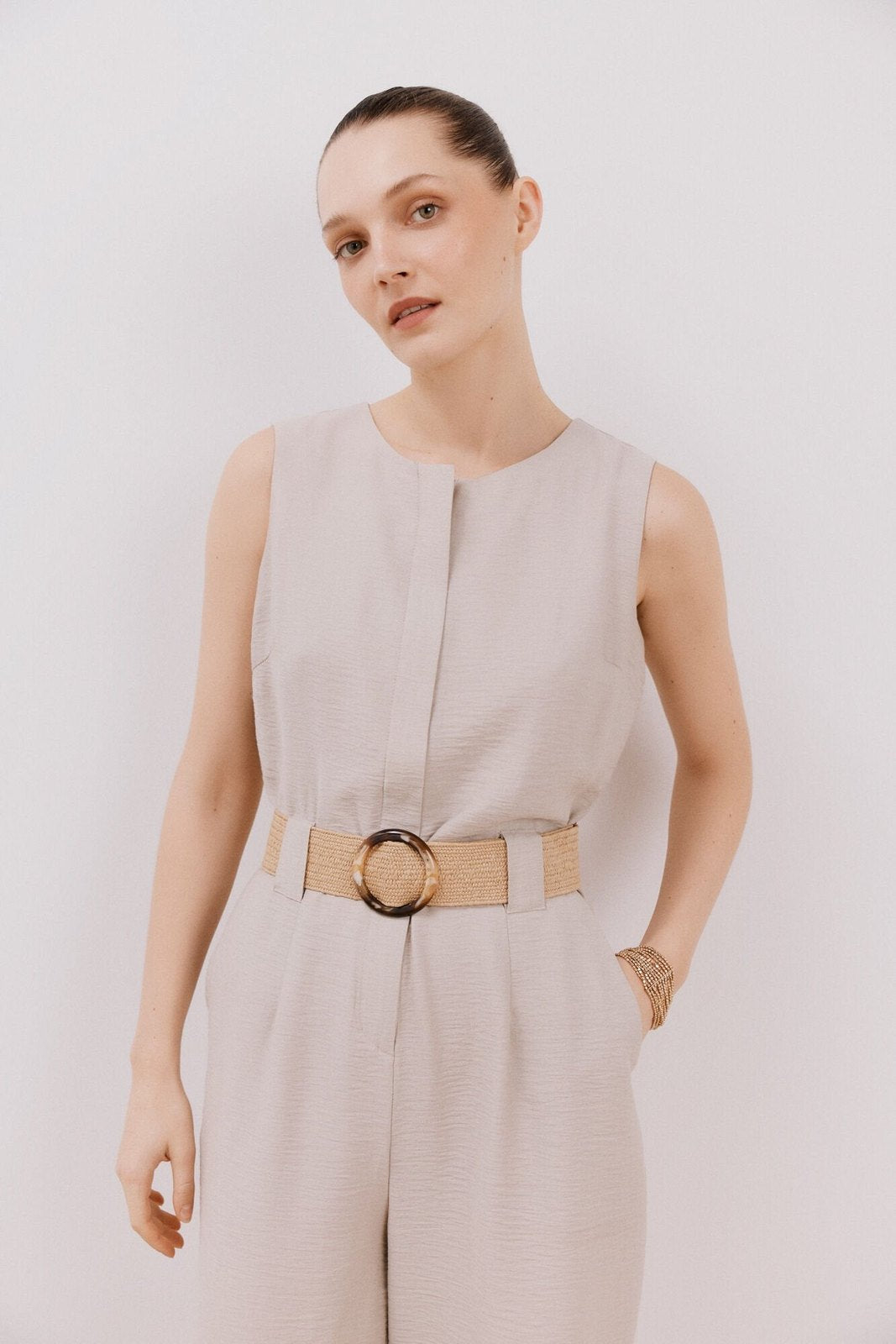 Cortefiel Jumpsuit With Contrasting Belt - Sand 4 Shaws Department Stores