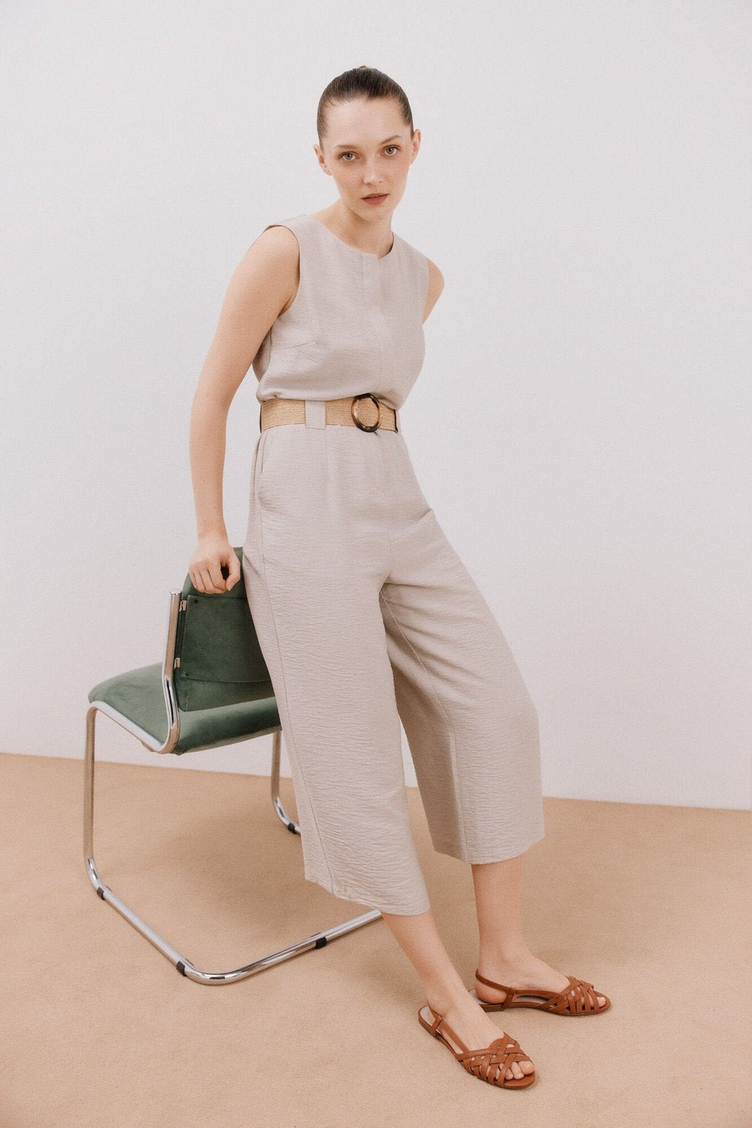 Cortefiel Jumpsuit With Contrasting Belt - Sand 5 Shaws Department Stores