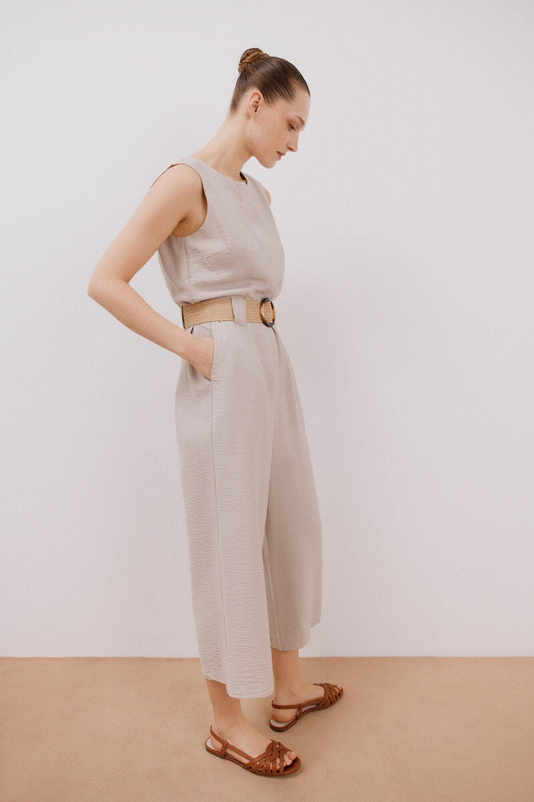 Cortefiel Jumpsuit With Contrasting Belt - Sand 3 Shaws Department Stores