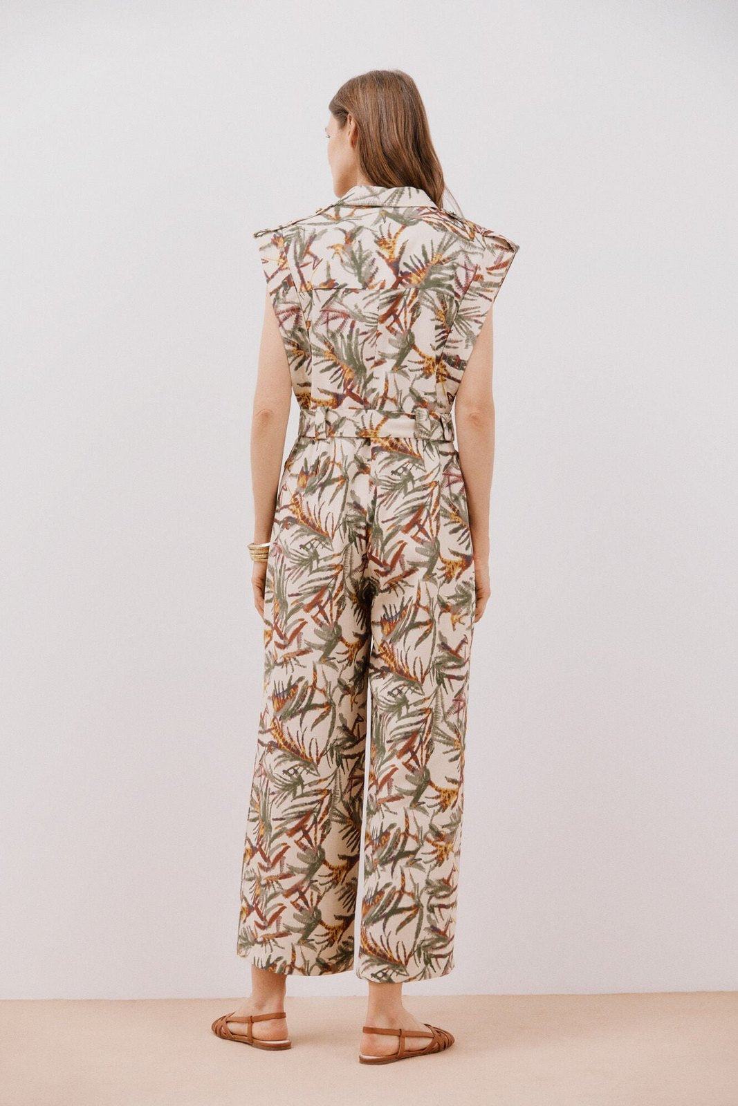 Cortefiel Short Sleeve Belted Jumpsuit - White Print 8 Shaws Department Stores