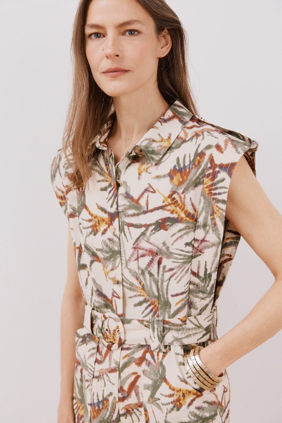 Cortefiel Short Sleeve Belted Jumpsuit - White Print 1 Shaws Department Stores