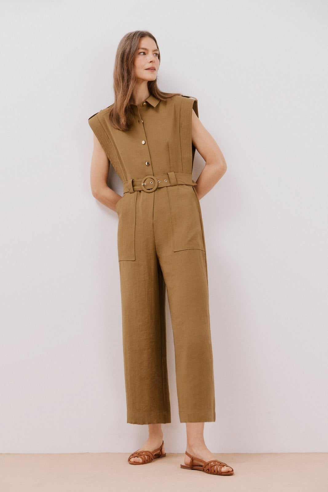 Cortefiel Short Sleeve Belted Jumpsuit - Dark Khaki 2 Shaws Department Stores