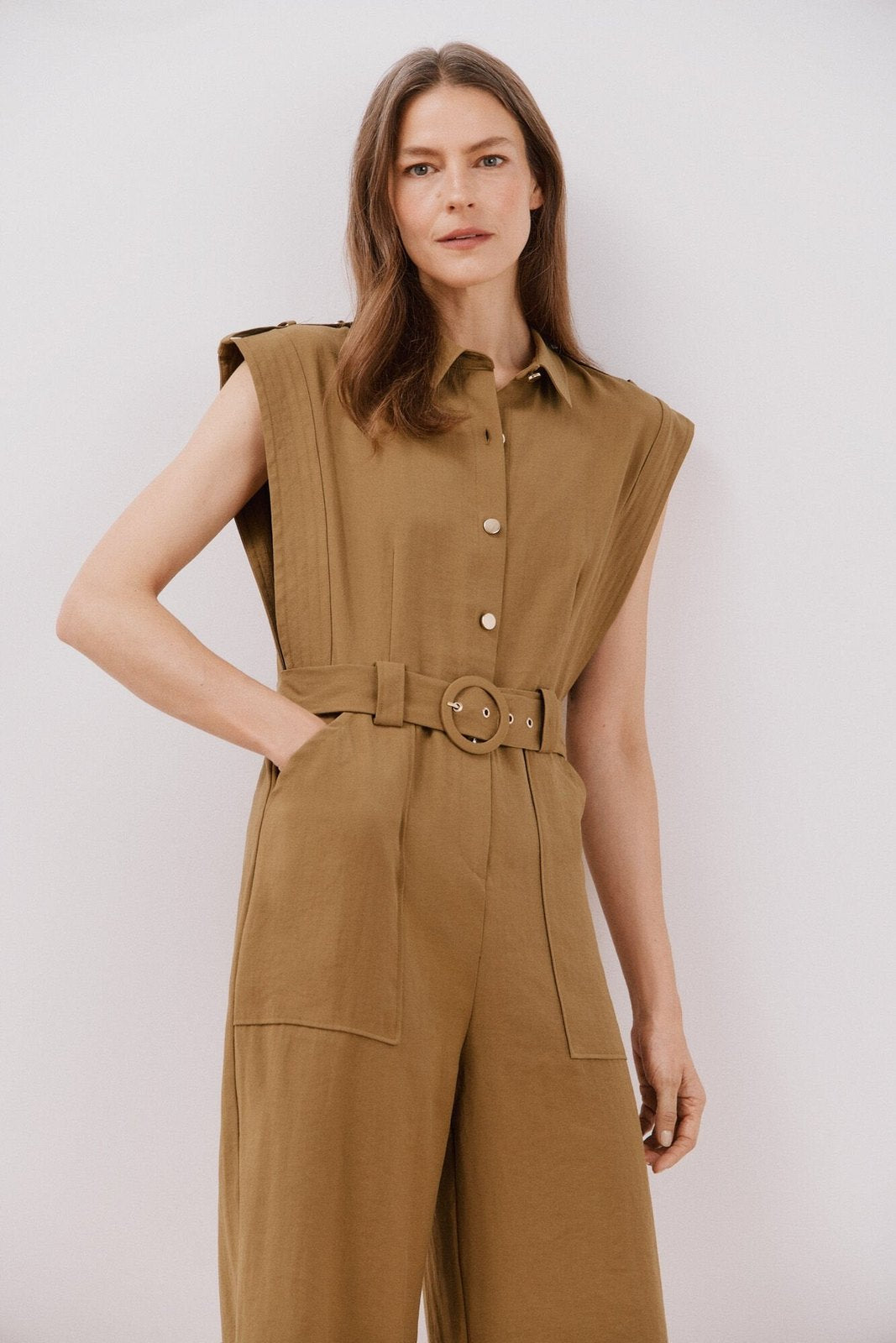 Cortefiel Short Sleeve Belted Jumpsuit - Dark Khaki 1 Shaws Department Stores