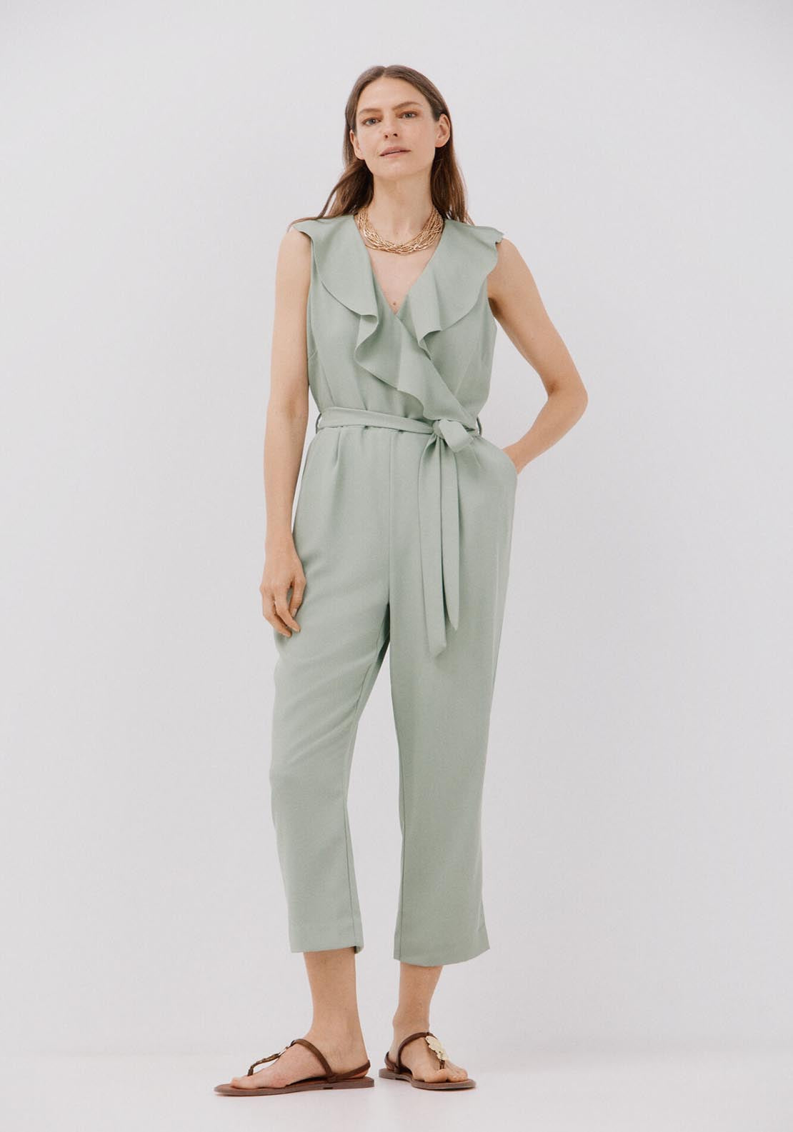 Cortefiel Long Flounced Jumpsuit - Light Blue 1 Shaws Department Stores