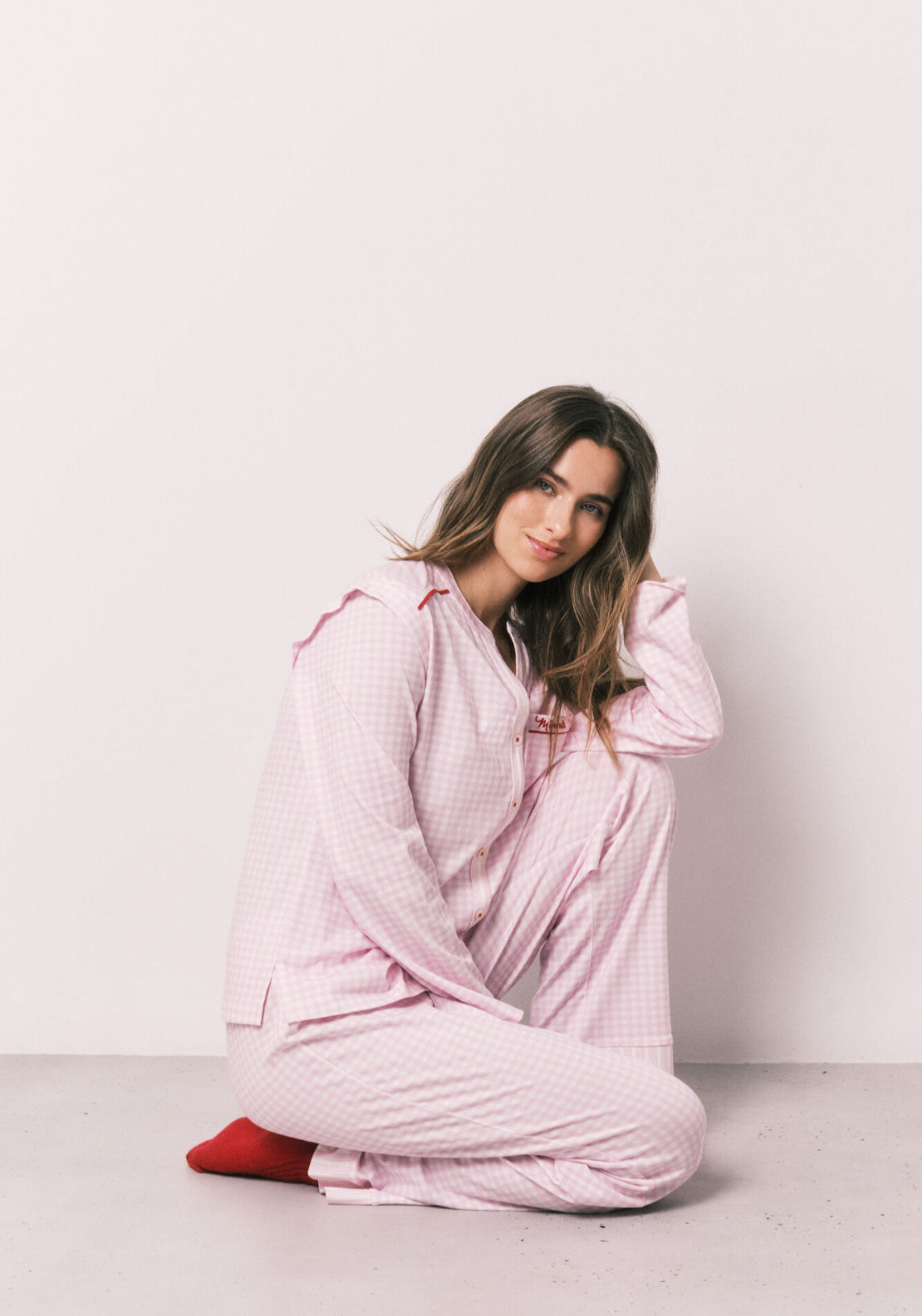 100% Cotton Mandarin Collar Long Pyjamas - Pink