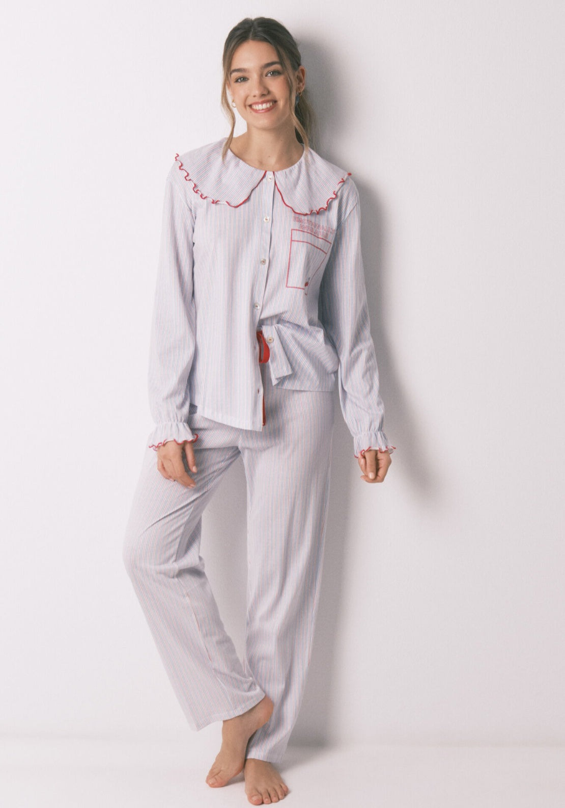 100% Cotton Long Peter Pan Collar Pyjamas - Blue