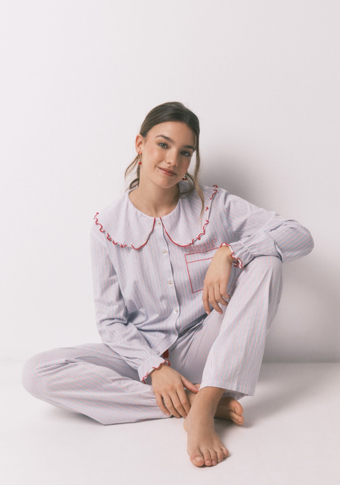 100% Cotton Long Peter Pan Collar Pyjamas - Blue
