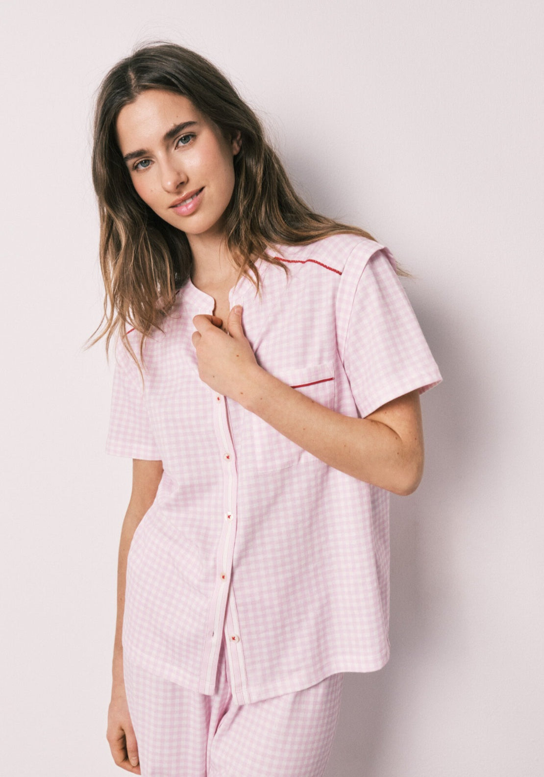 100% Cotton Striped Short Sleeve Long Pyjamas - Pink