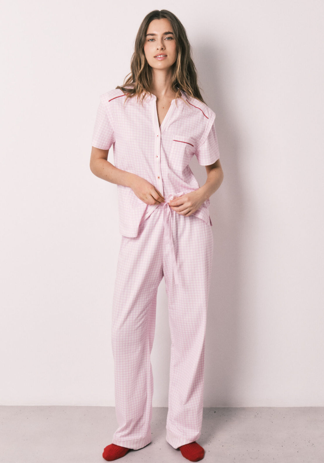 100% Cotton Striped Short Sleeve Long Pyjamas - Pink