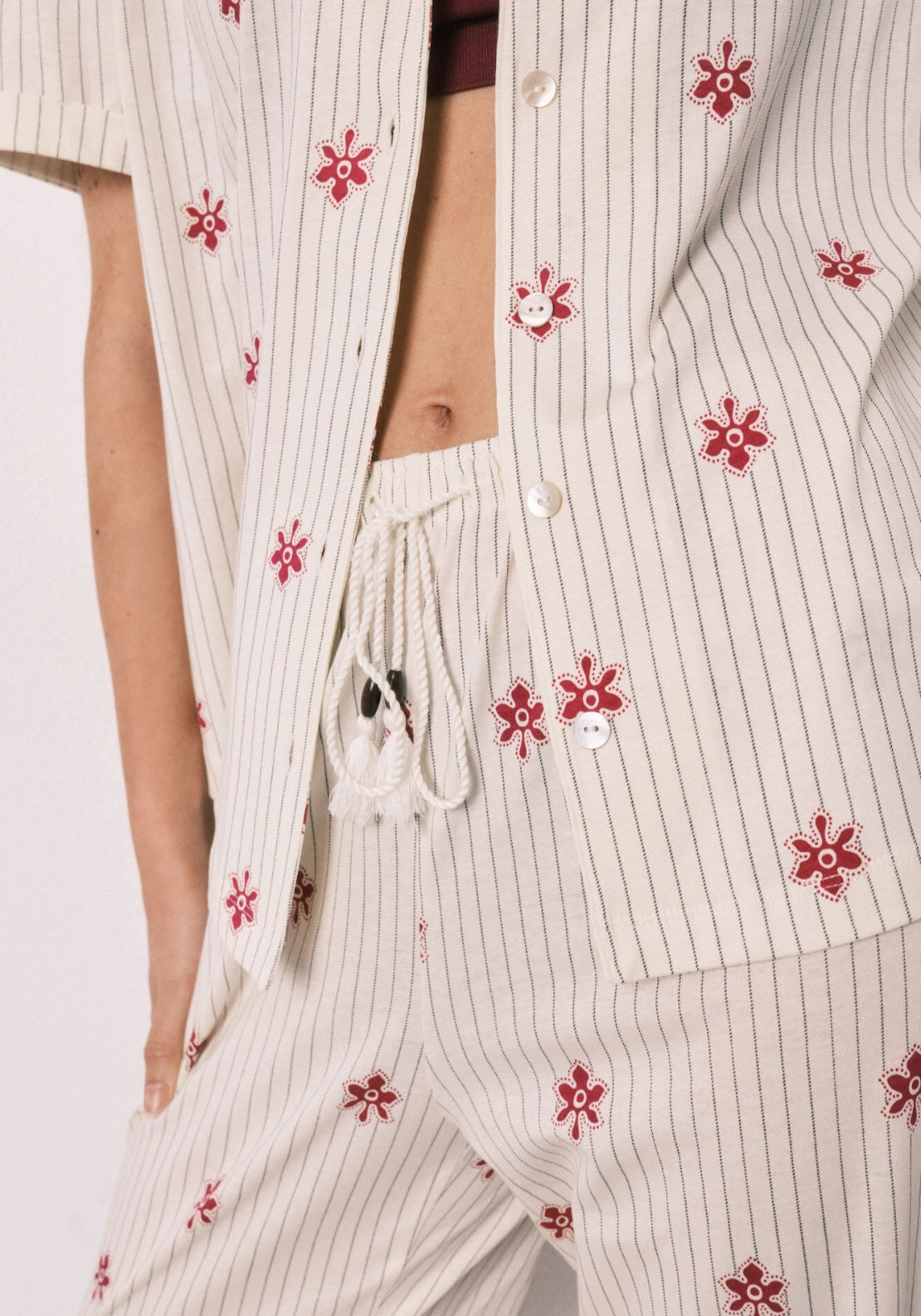 Striped Floral Cotton Long Pyjama Set - White